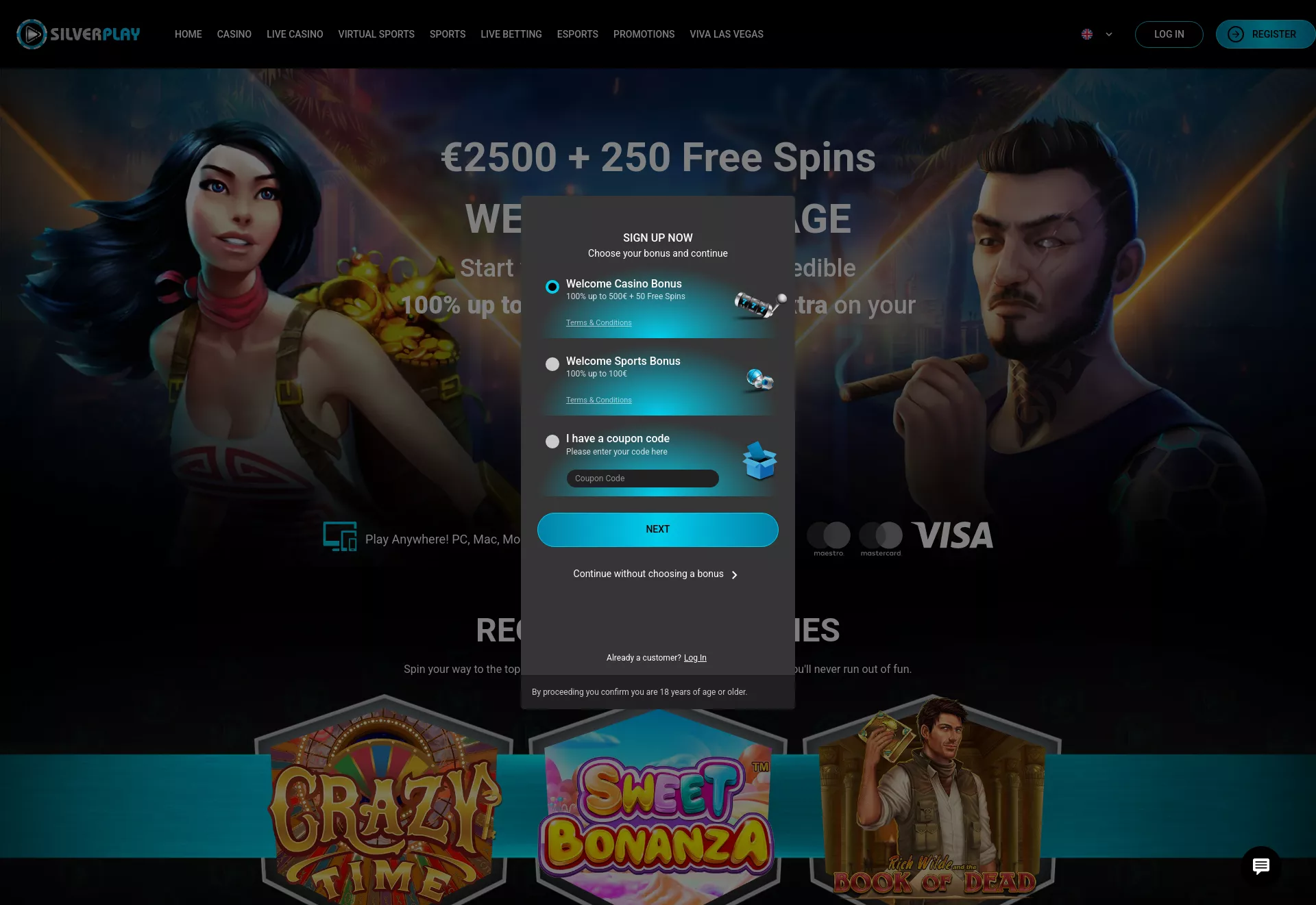Desktop screen. SilverPlay Casino Up to $2500 + 250 FS