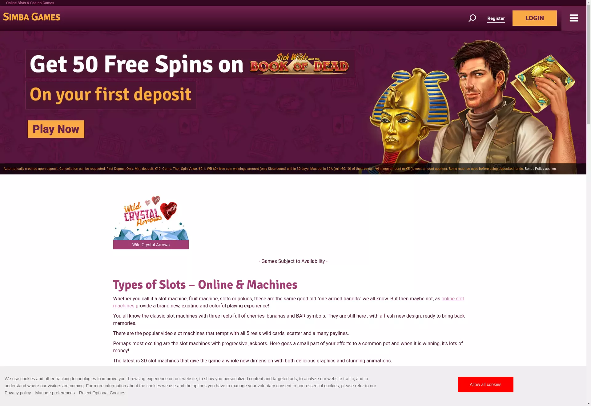 Desktop screen. Simba Games Get 50 Free Spins