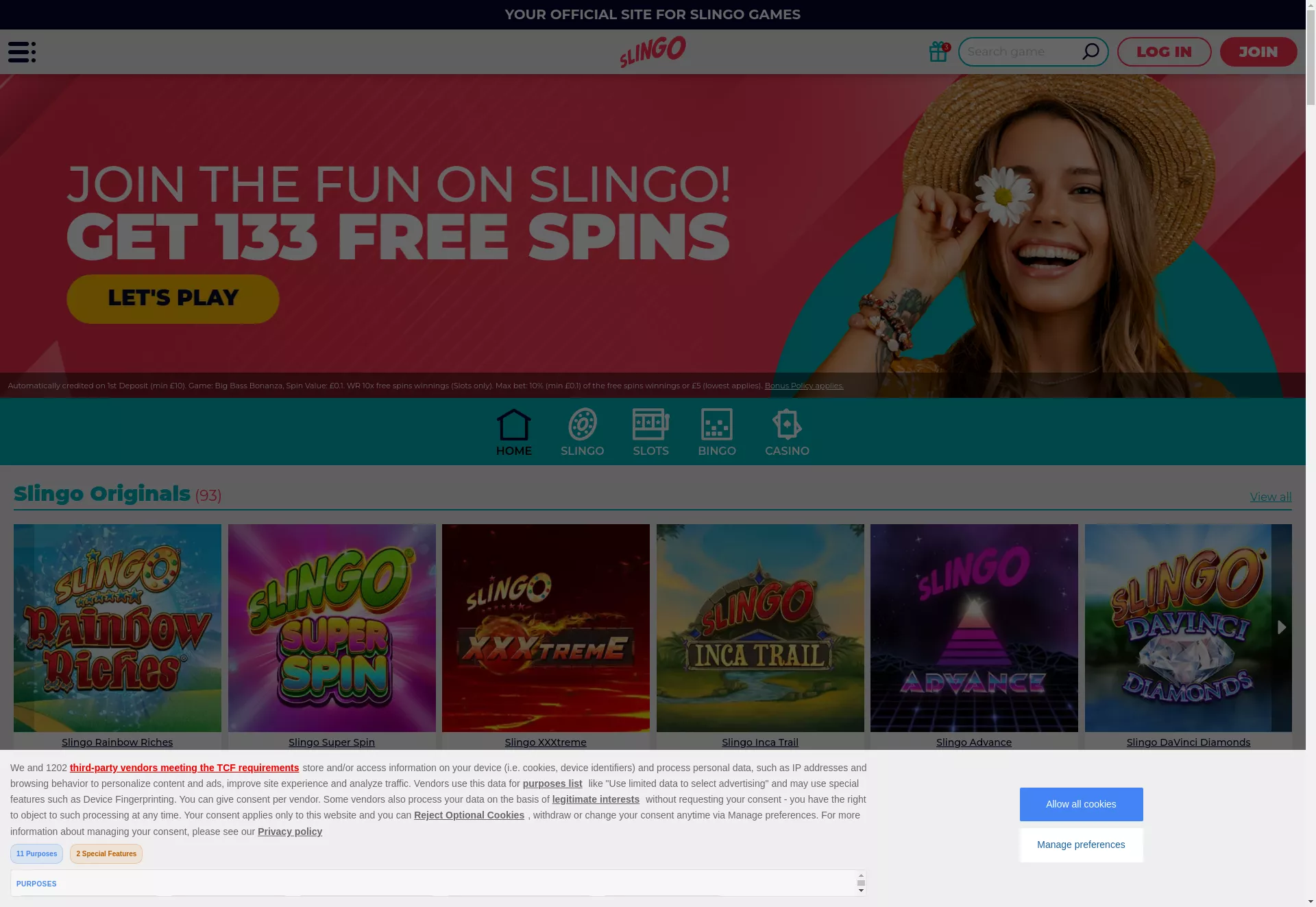Desktop screen. Slingo 100% up to £25