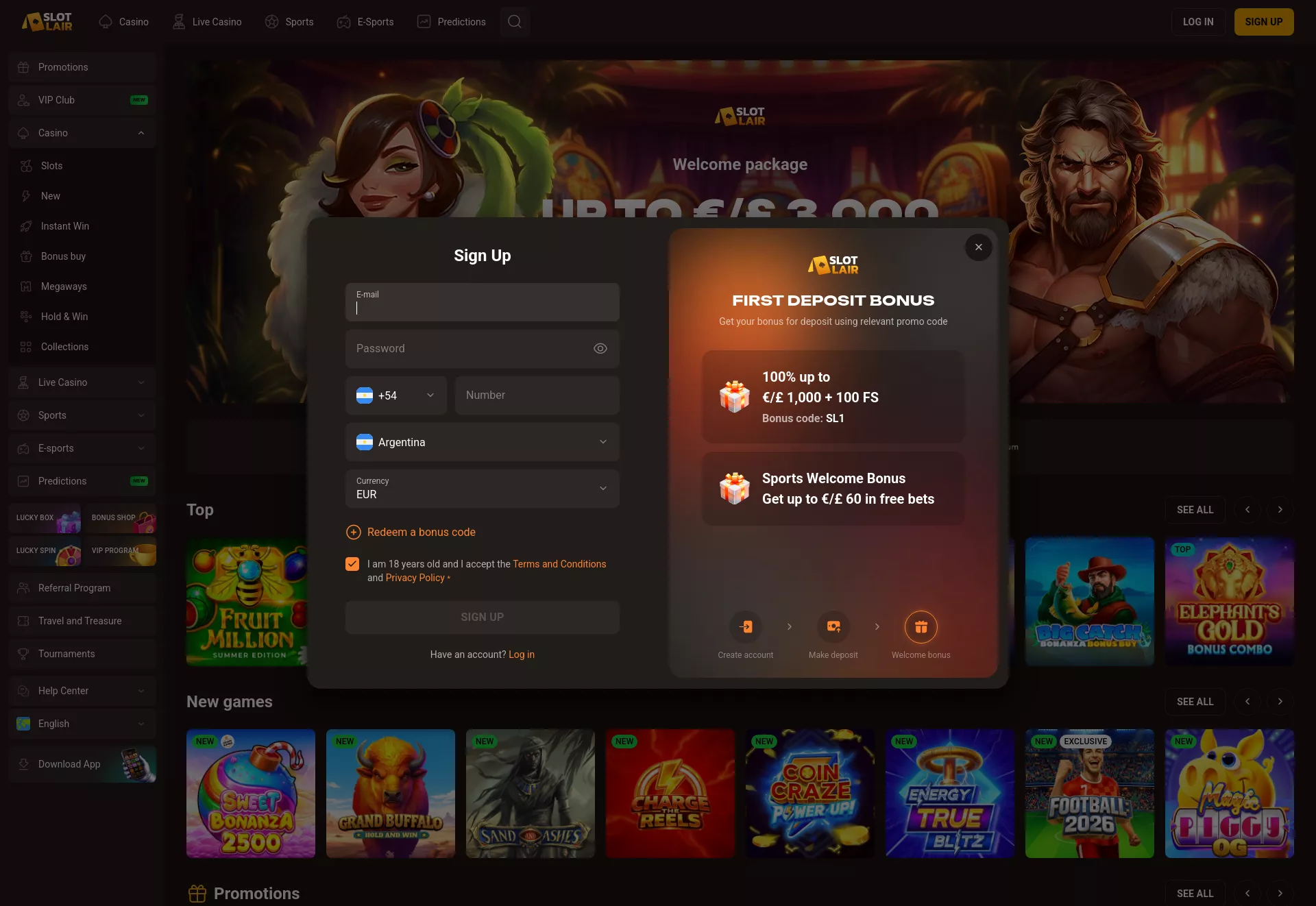 Desktop screen. SlotLair Get 30 FS