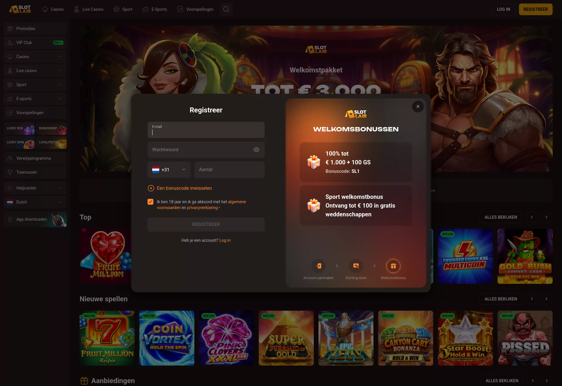 Desktop screen. SlotLair Up to €3000 + 450 FS