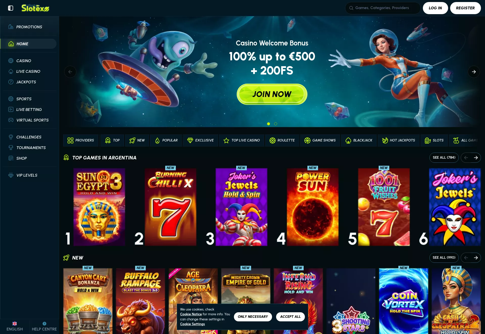 Desktop screen. Slotexo Casino 100% up to $500 + 200 FS + 1 Bonus Crab