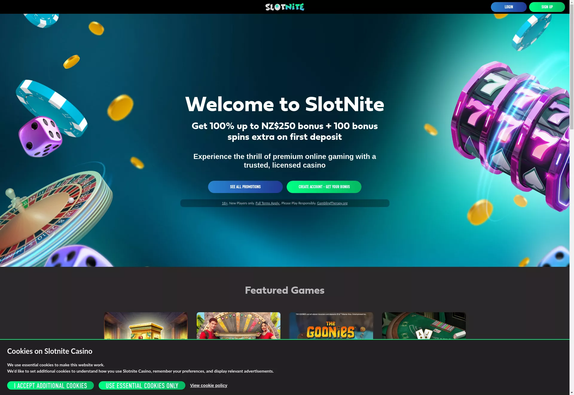 Desktop screen. Slotnite Up to NZ$1000 + 200 FS