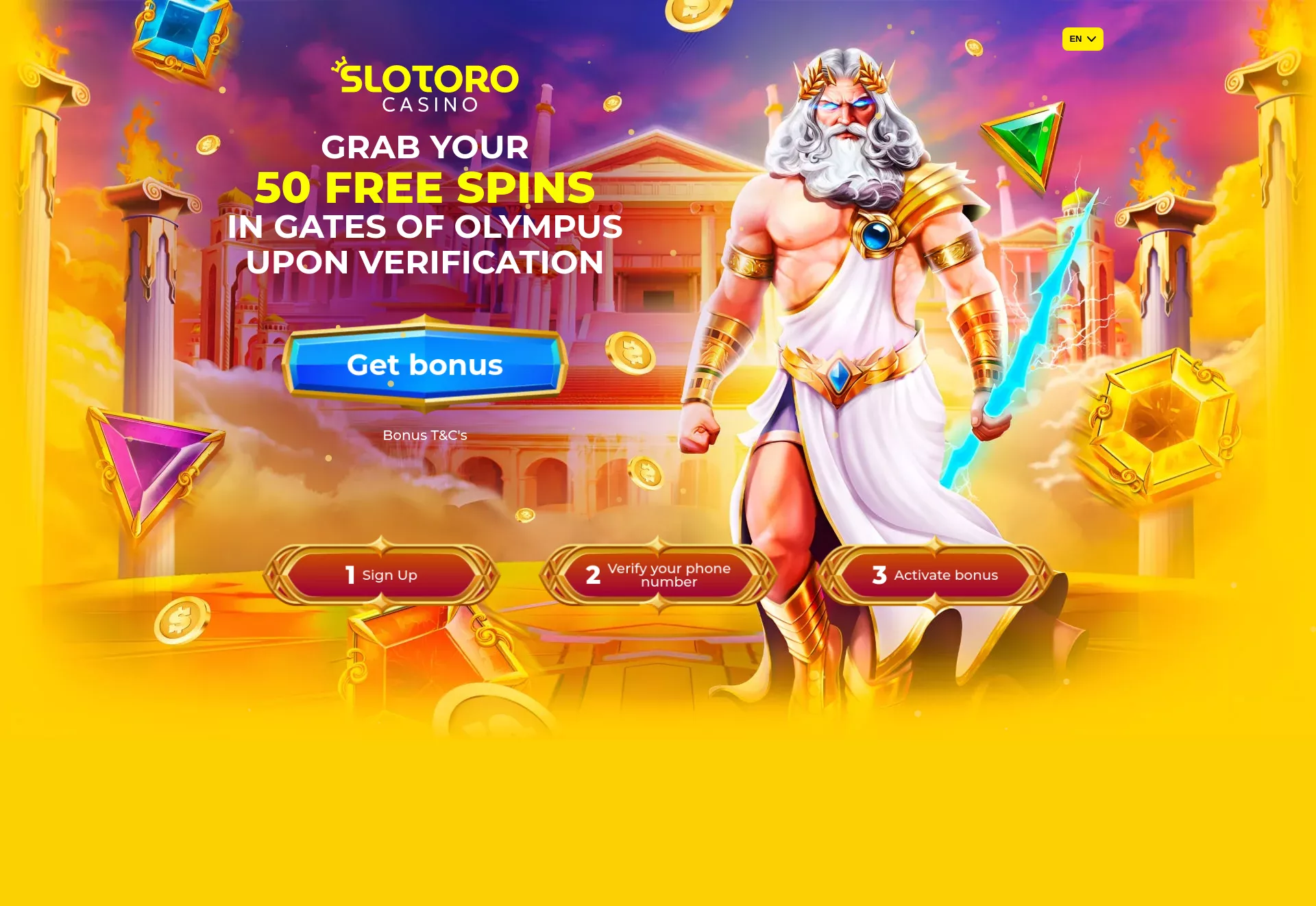 Desktop screen. Slotoro Get 50 FS
