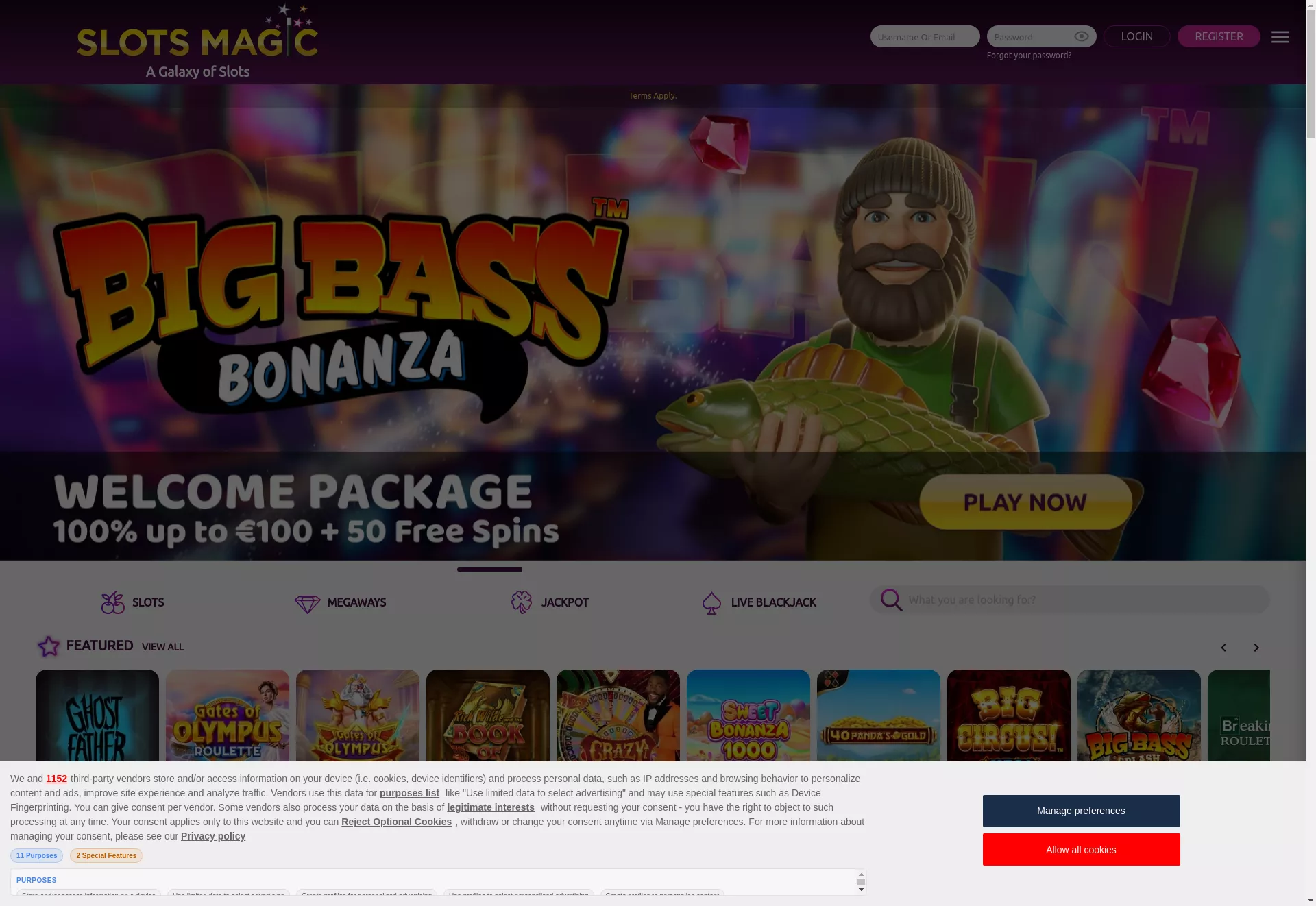 Desktop screen. Slots Magic 100% up to €100 + 50 FS