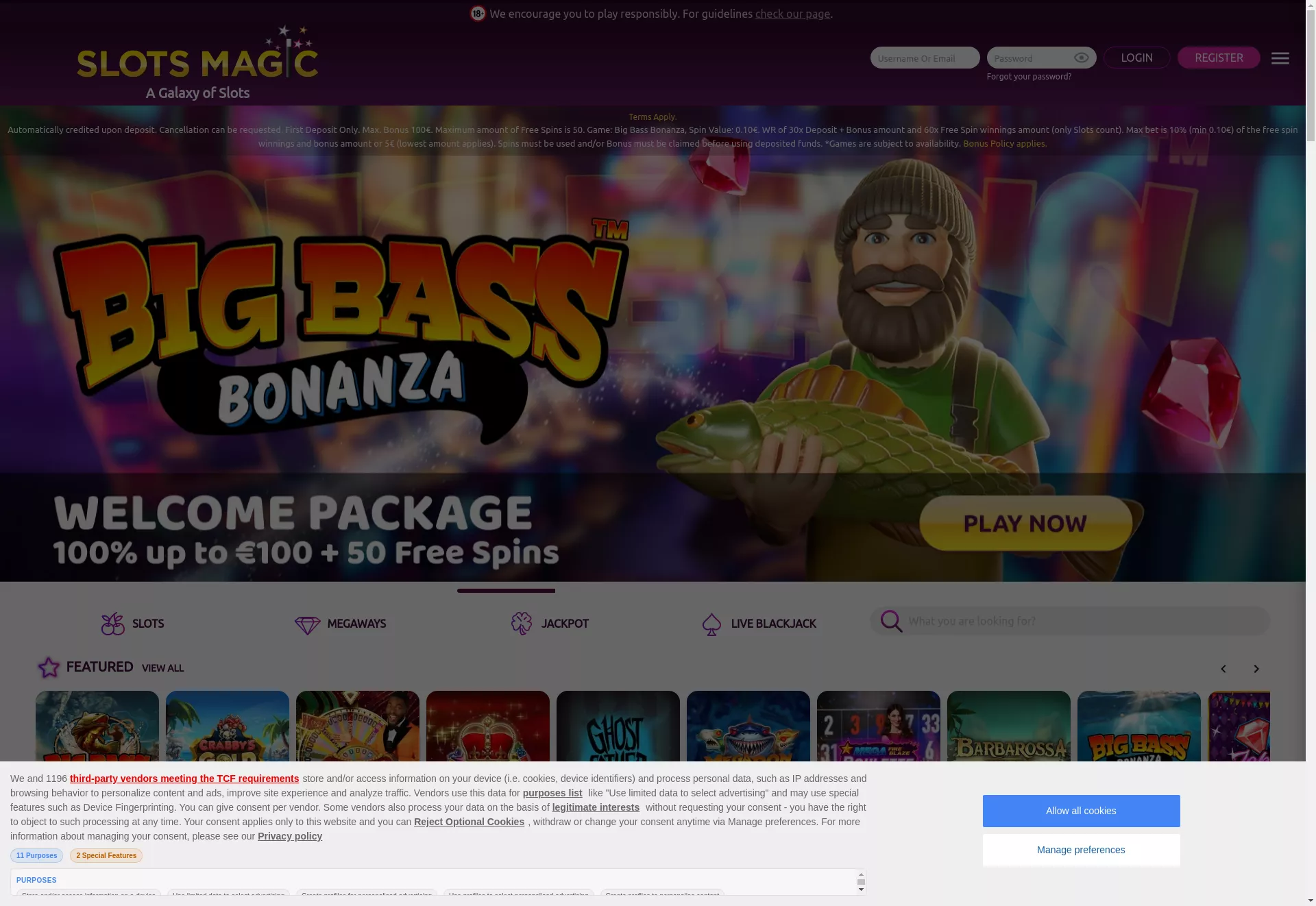 Desktop screen. Slots Magic 100% up to €100 + 50FS