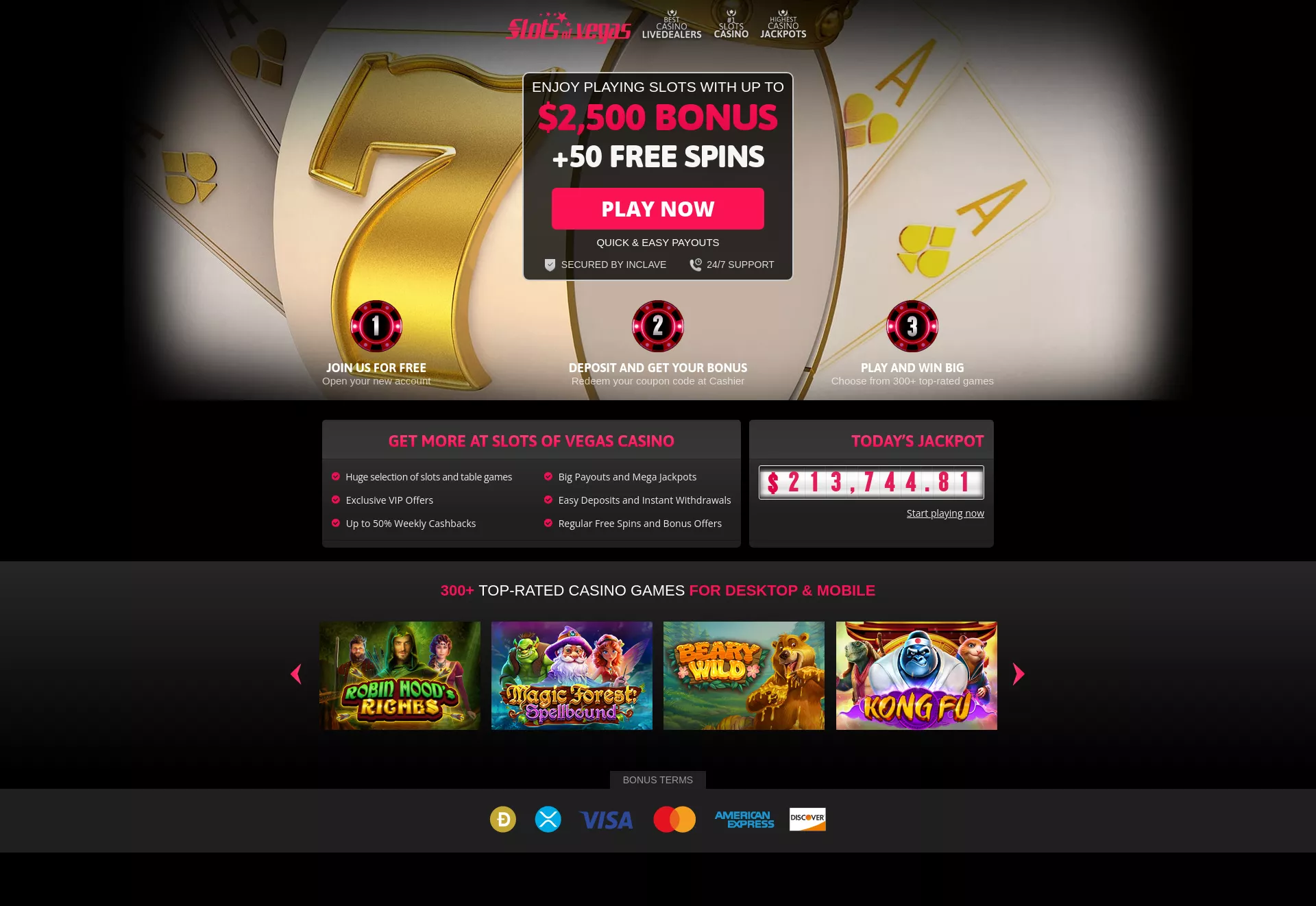 Desktop screen. Slots of Vegas 250% up to $2500 + 50 FS