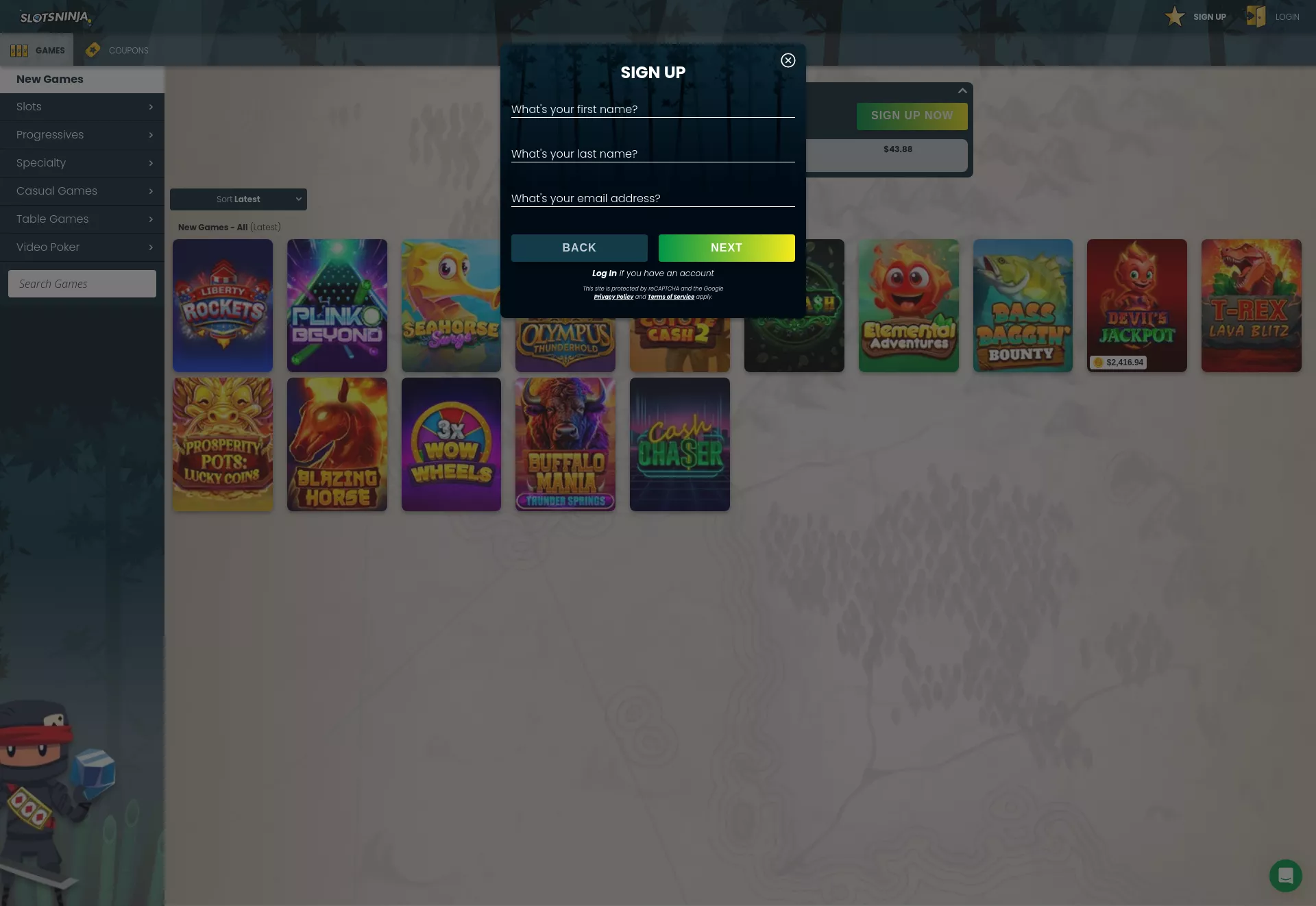 Desktop screen. SlotsNinja Up to $10500