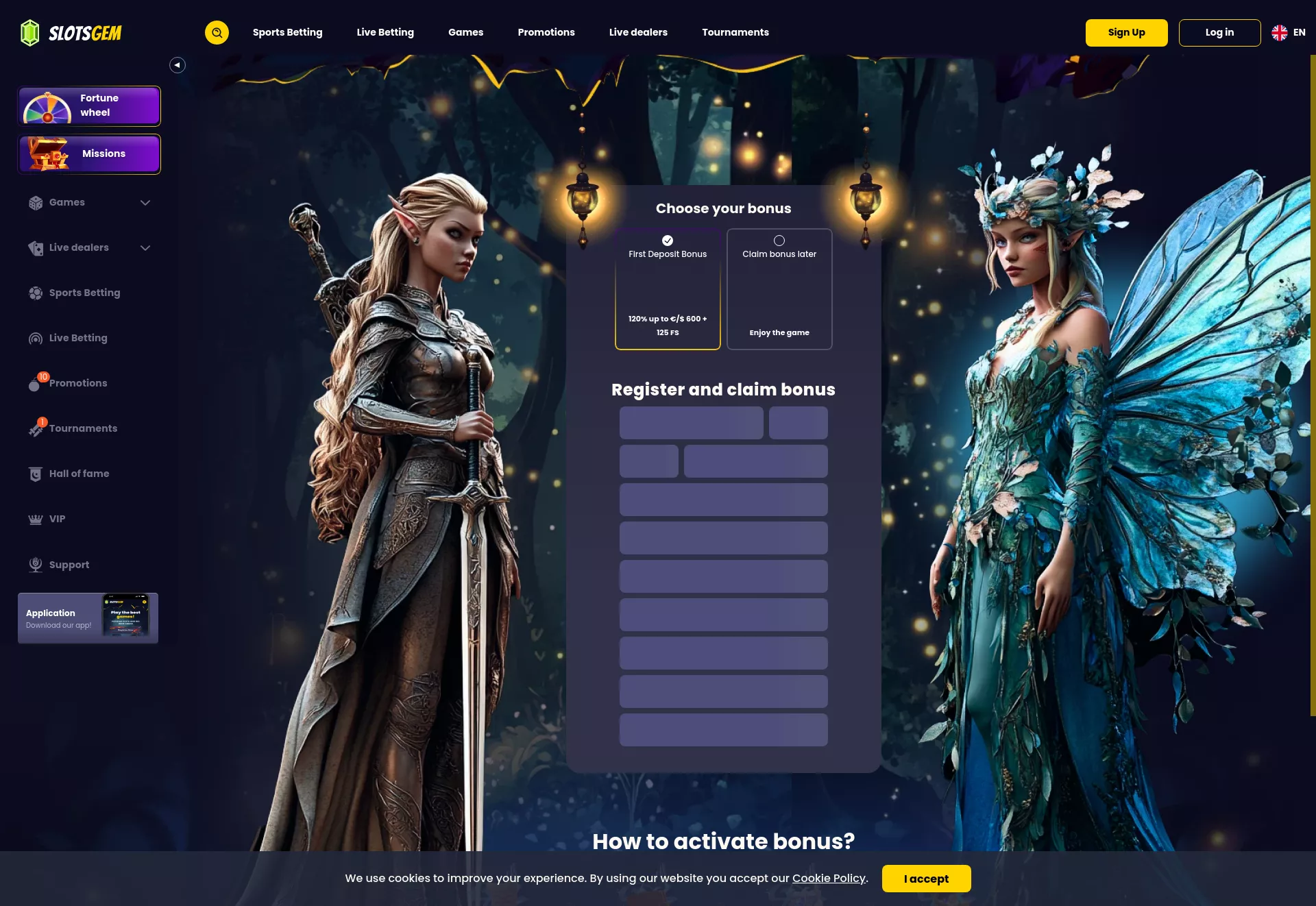 Desktop screen. Slotsgem Casino Up to $1450 + 225 FS