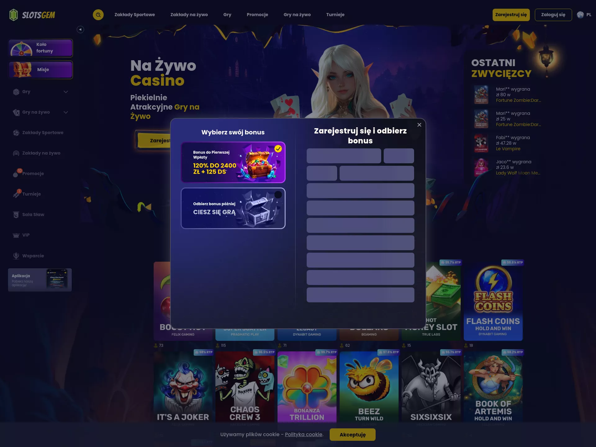 Desktop screen. Slotsgem Casino Up to zł5950 + 225 FS
