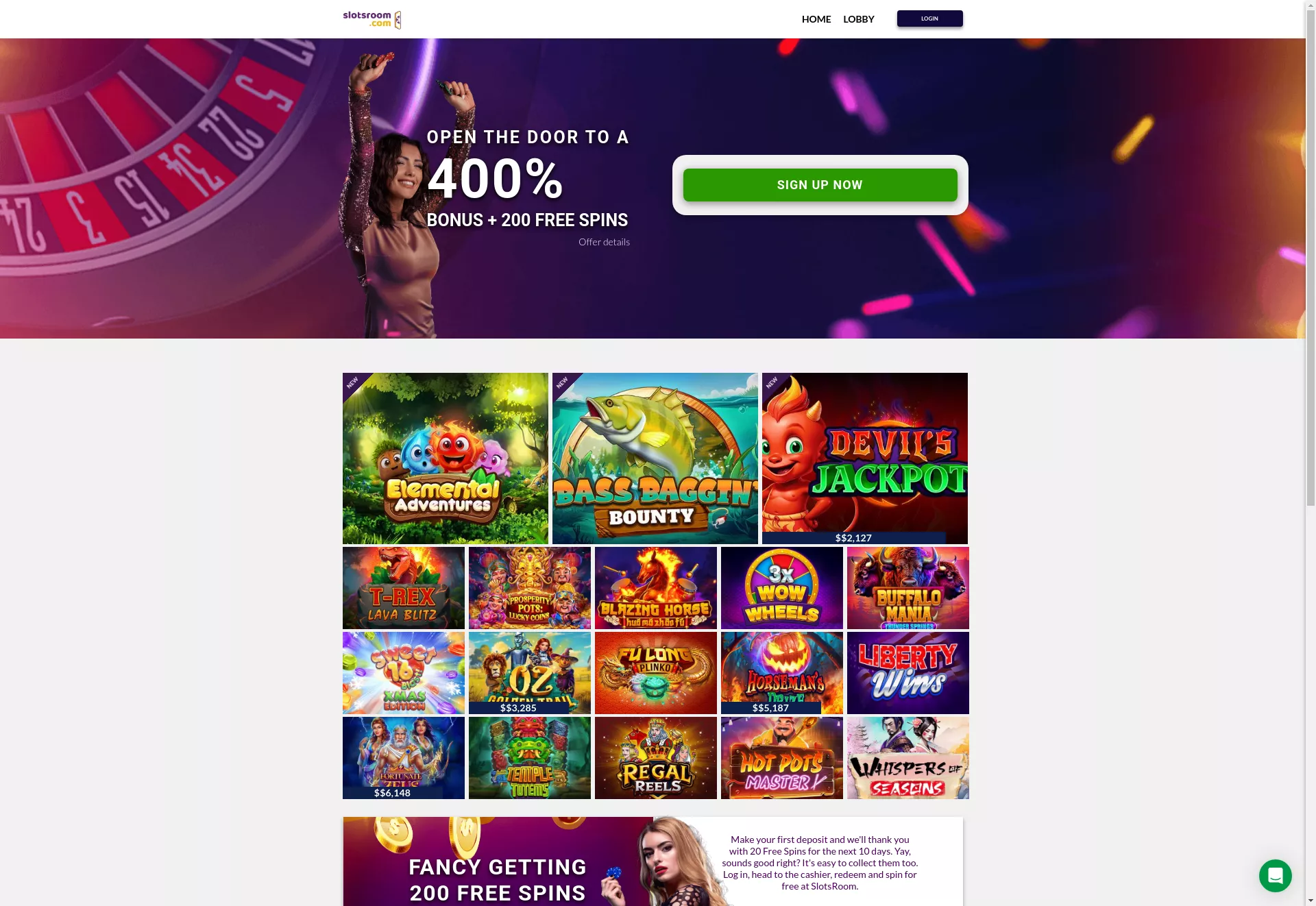 Desktop screen. Slotsroom Up to $10000 + 200 FS