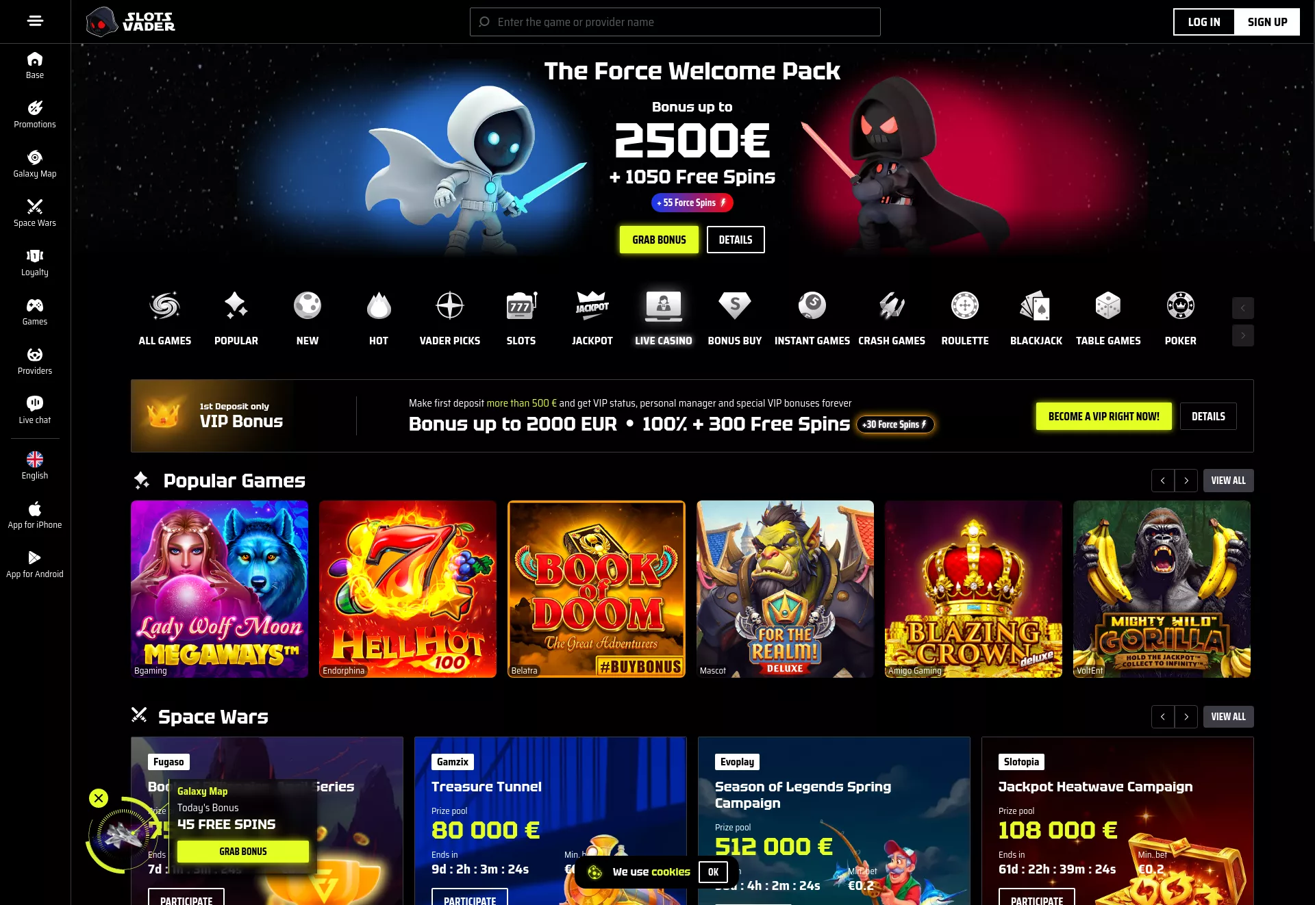 Desktop screen. Slotsvader 100% up to $2000 + 150 FS