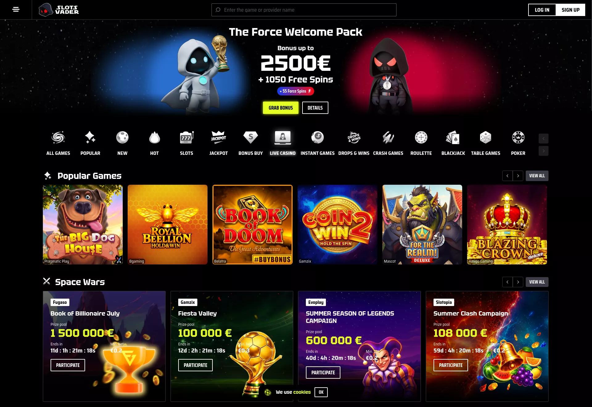 Desktop screen. Slotsvader Up to €3000 + 2200 FS
