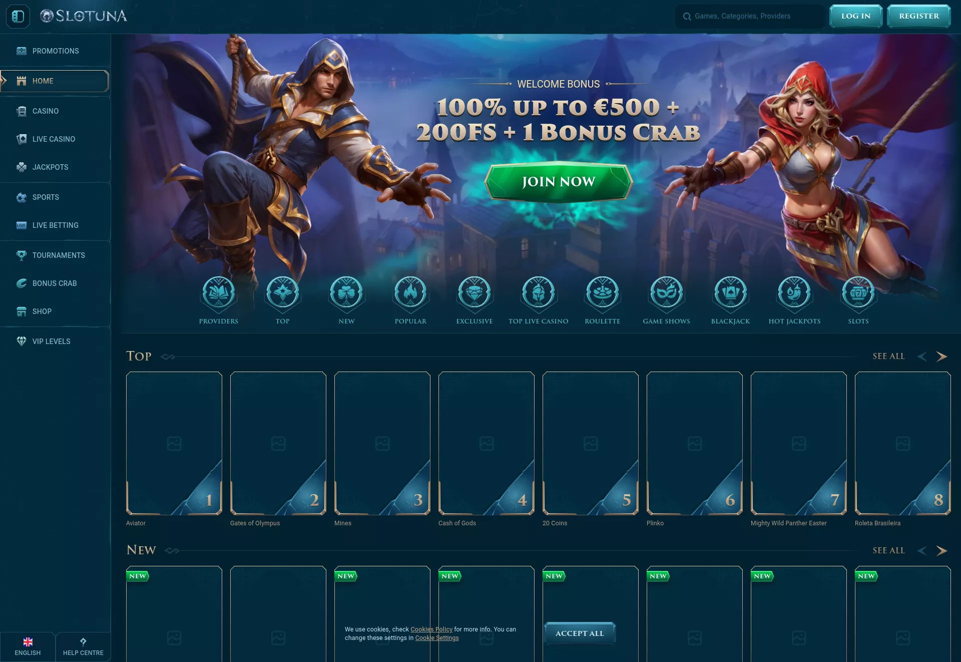 Desktop screen. Slotuna 100% até $500 + 200 FS + 1 Bonus Crab
