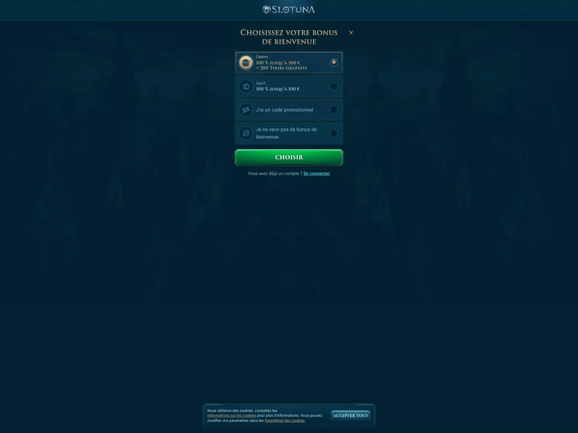 Desktop screen. Slotuna 100% up to €500 + 200 FS + 1 Bonus Crab