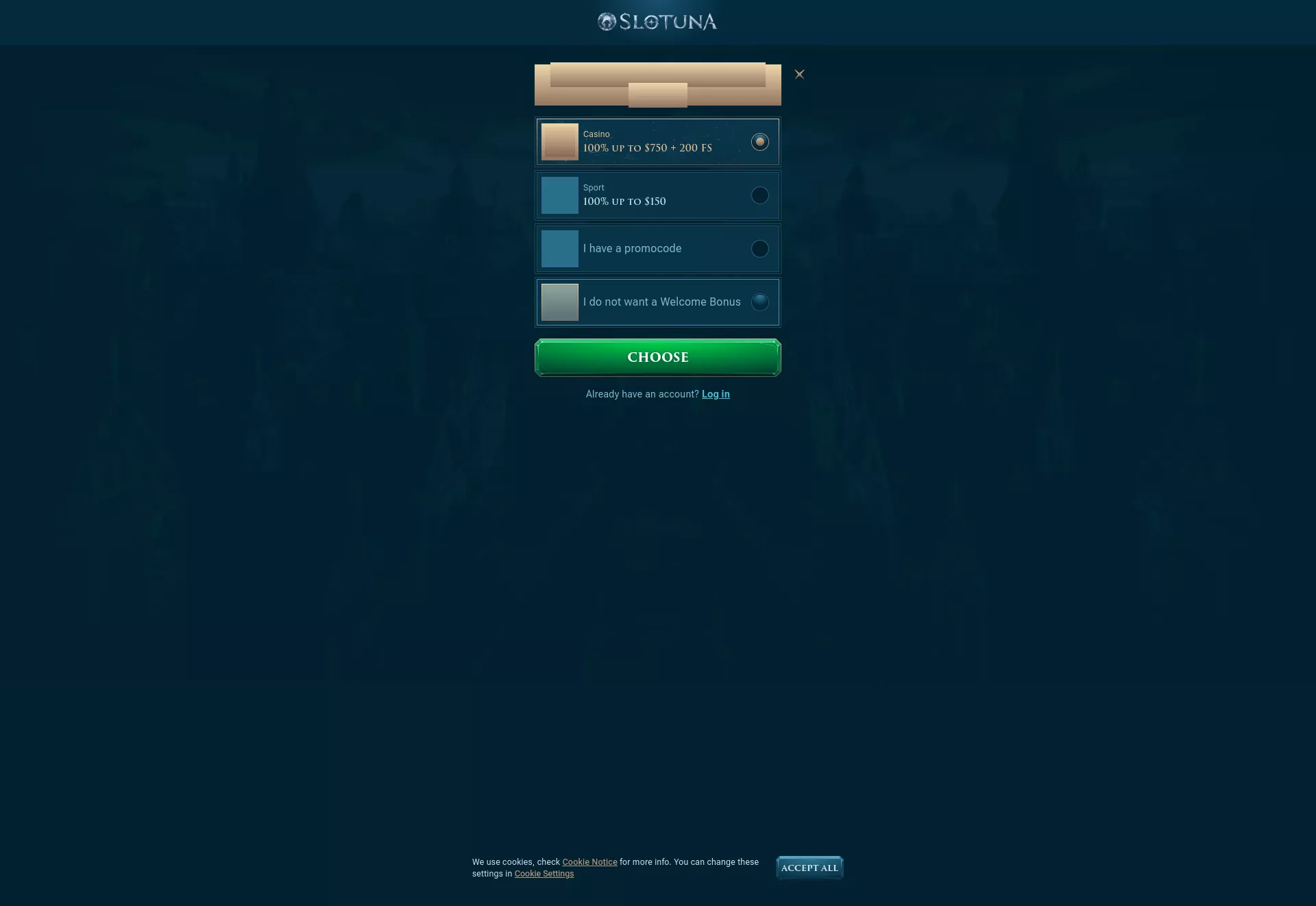 Desktop screen. Slotuna 100% up to C$750 + 200 FS + 1 Bonus Crab