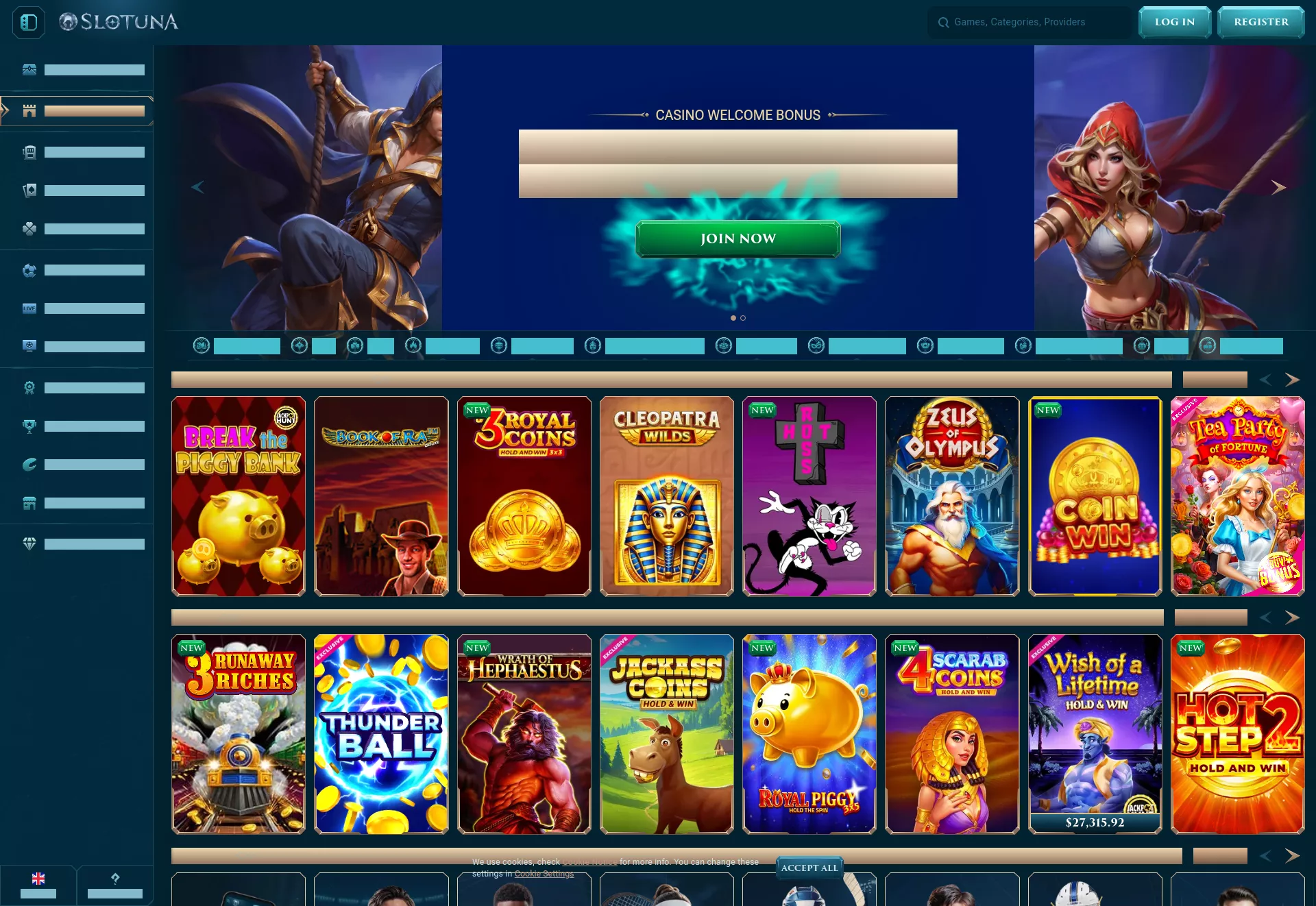 Desktop screen. Slotuna 100% up to $500 + 200 FS + 1 Bonus Crab