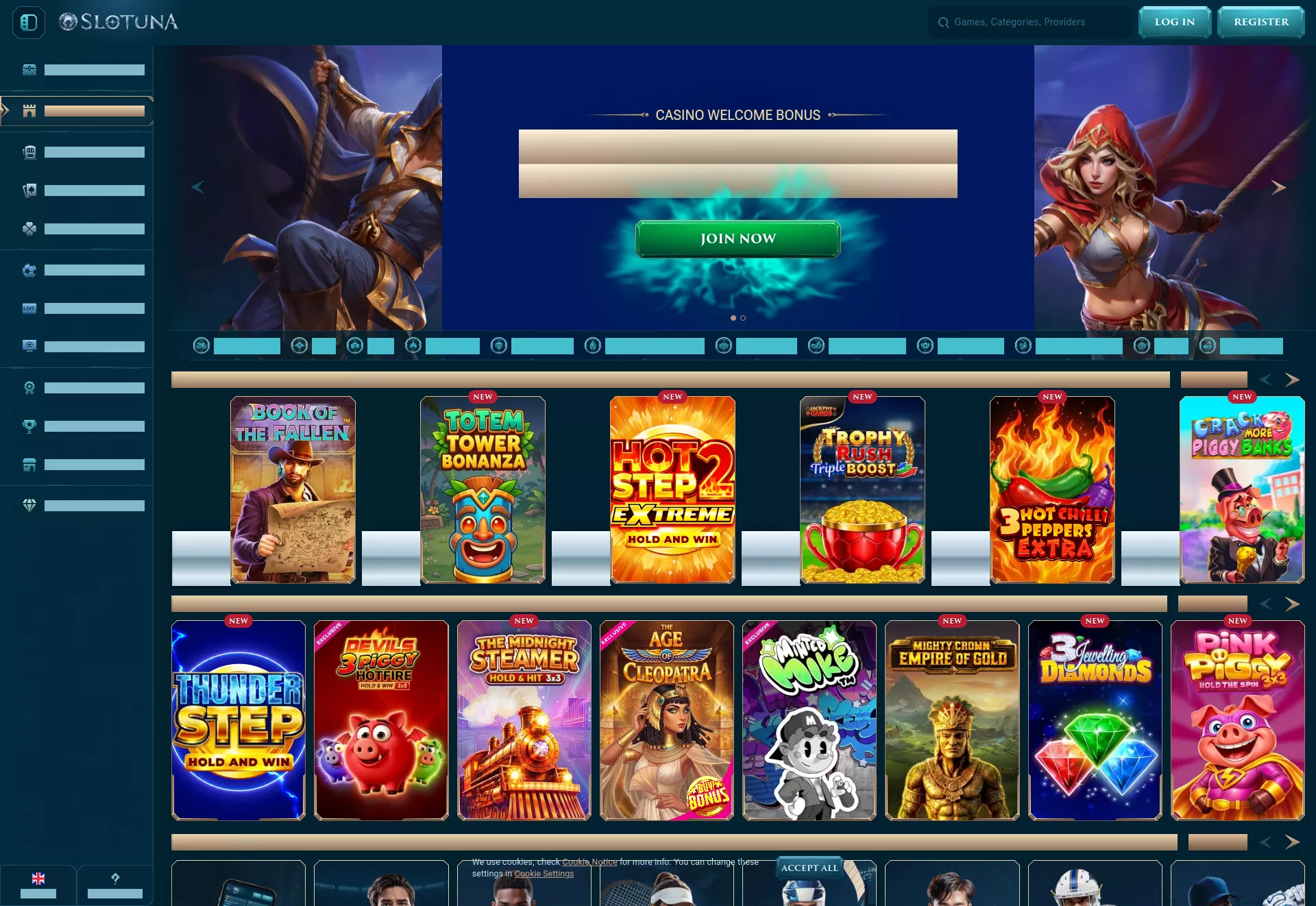 Desktop screen. Slotuna 100% up to €500 + 200 FS + 1 Bonus Crab