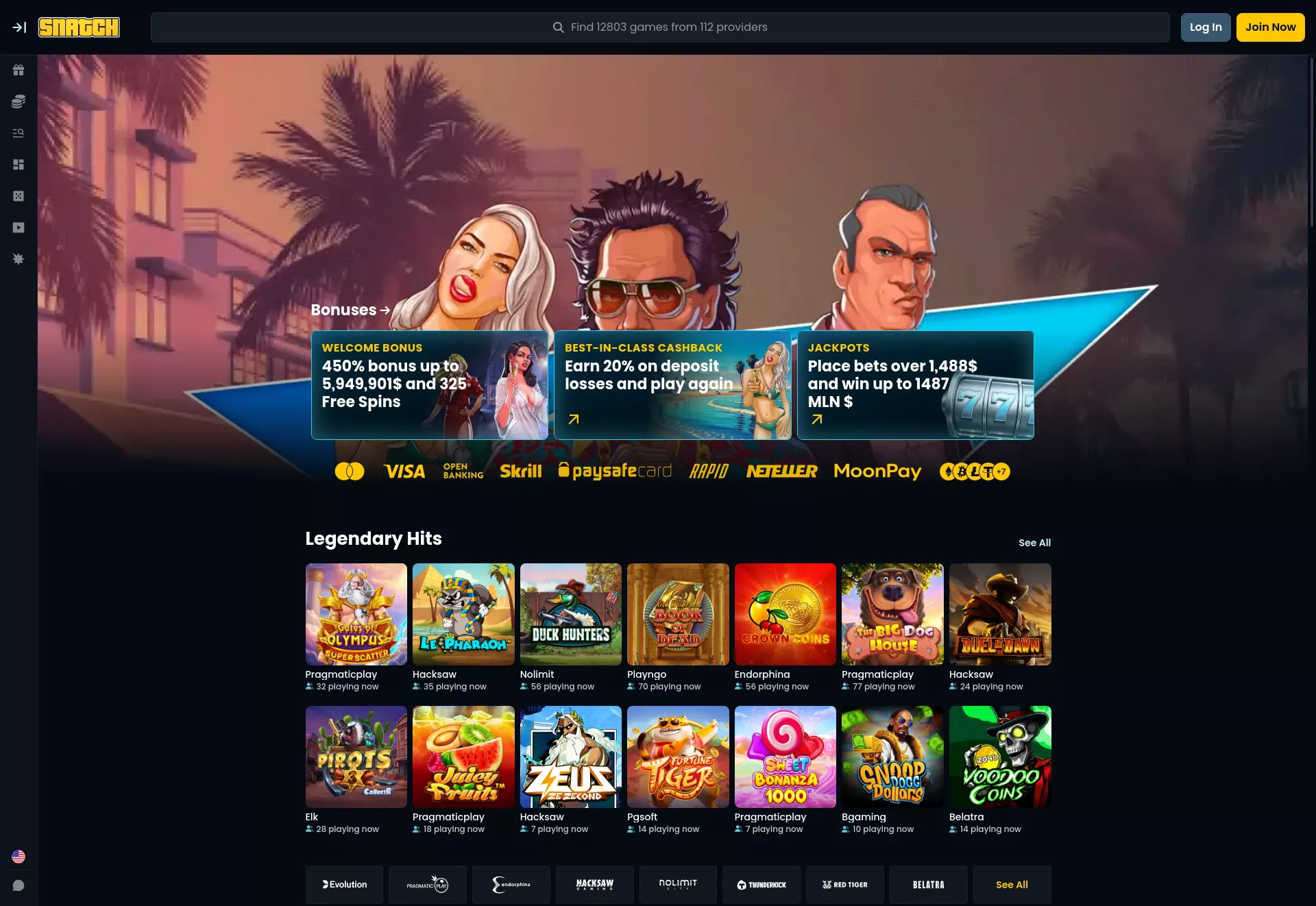 Desktop screen. Snatch Casino Up to $60000 + 400 FS