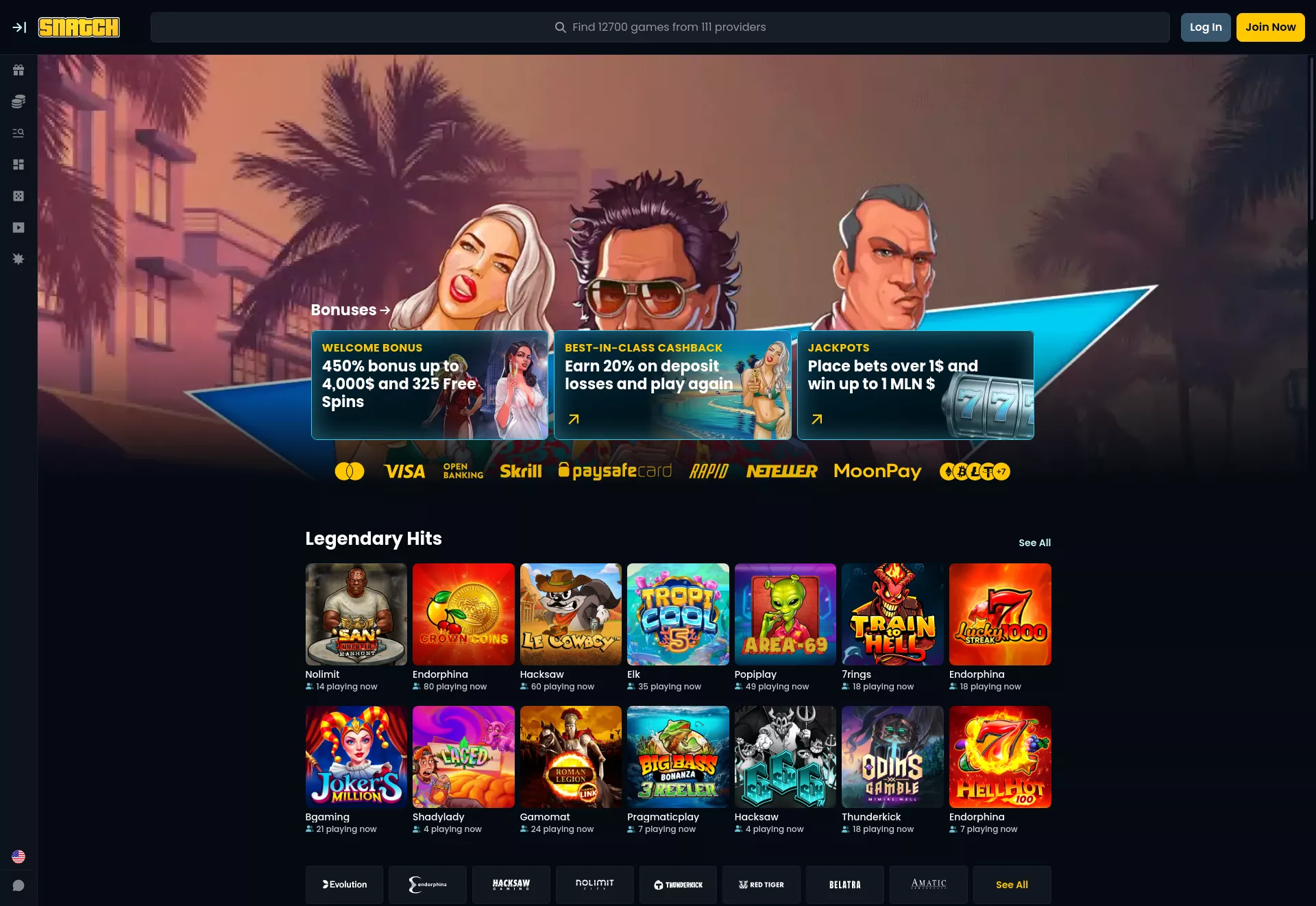 Desktop screen. Snatch Casino Up to $4000 + 325 FS