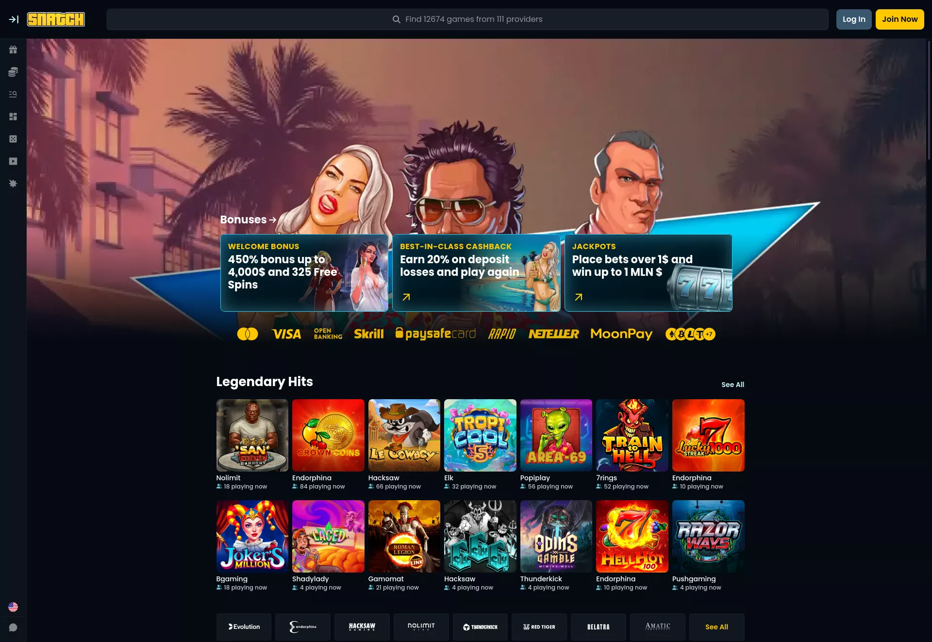 Desktop screen. Snatch Casino Up to $4000 + 325 FS