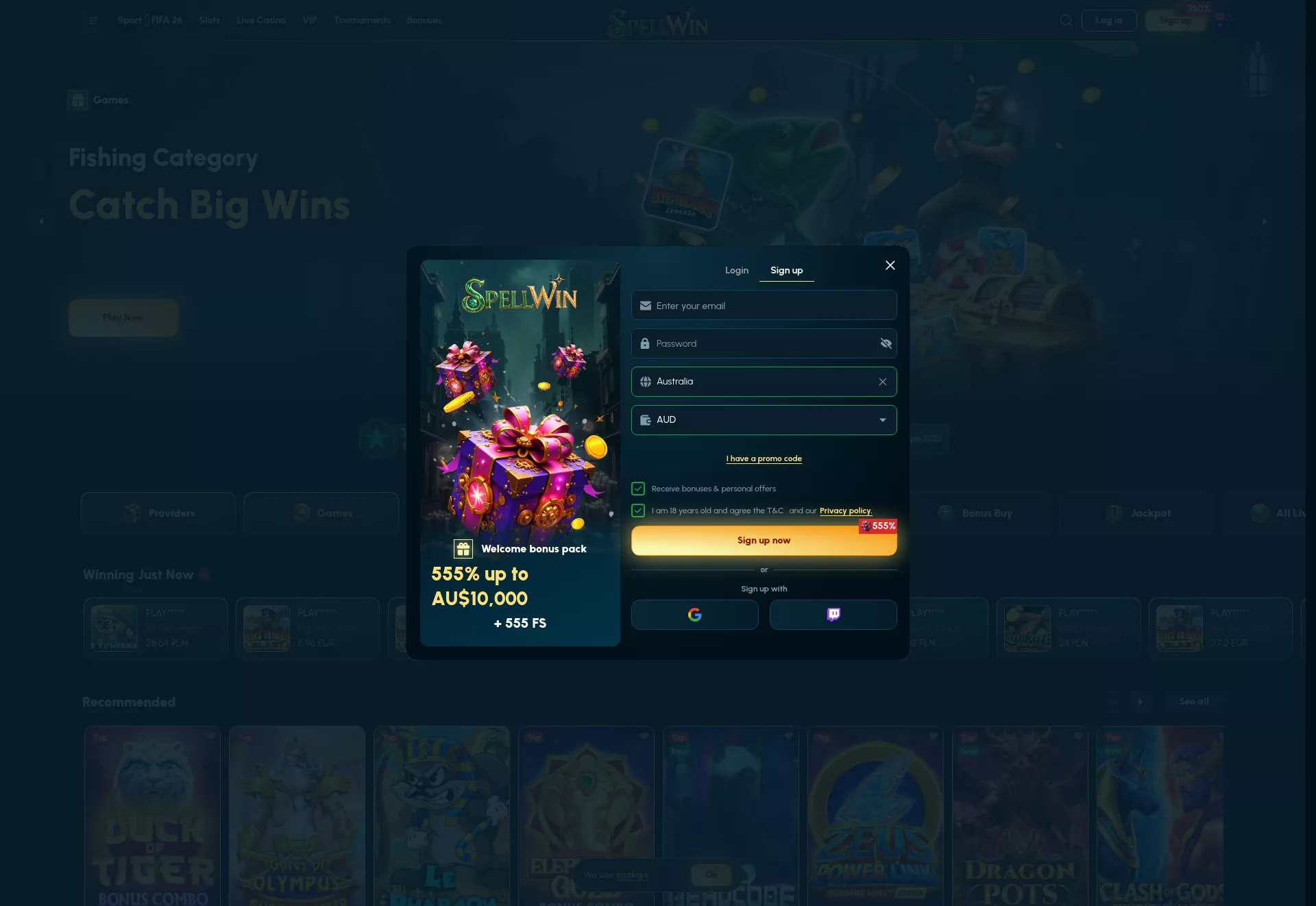Desktop screen. SpellWin Casino Up to $3000 + 300 FS