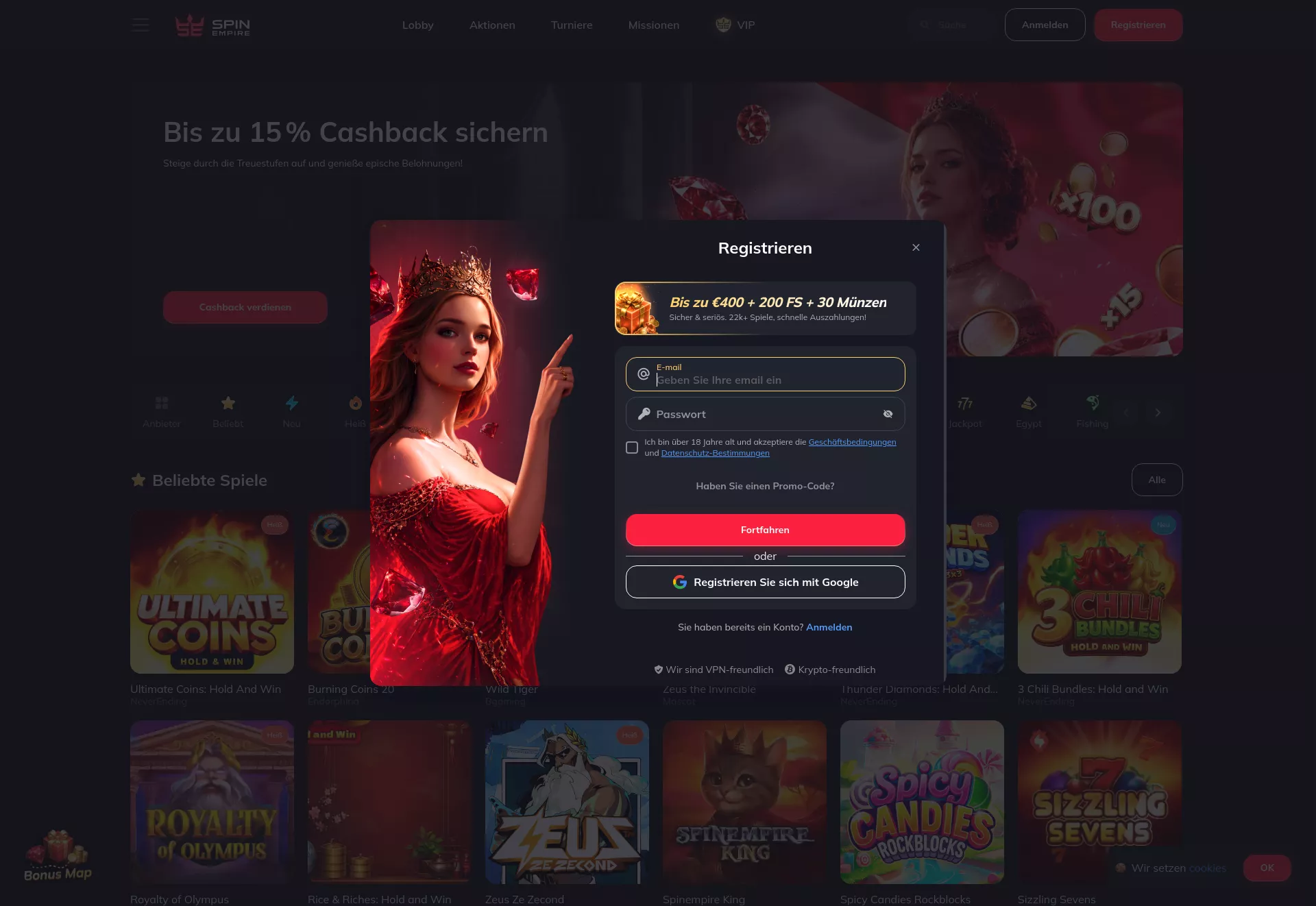 Desktop screen. Spin Empire Cashback 15%
