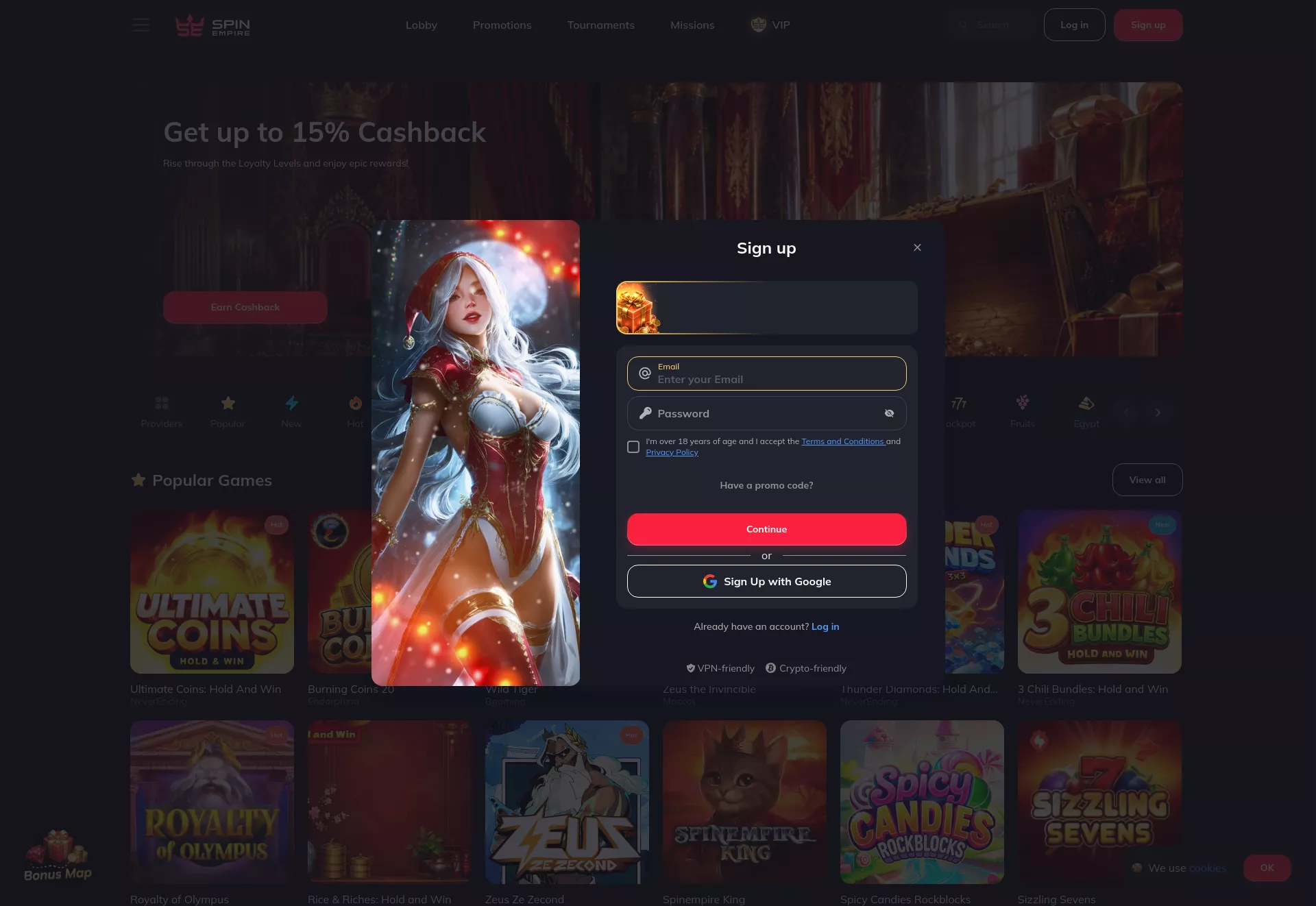 Desktop screen. Spin Empire Up to $500 + 80 FS