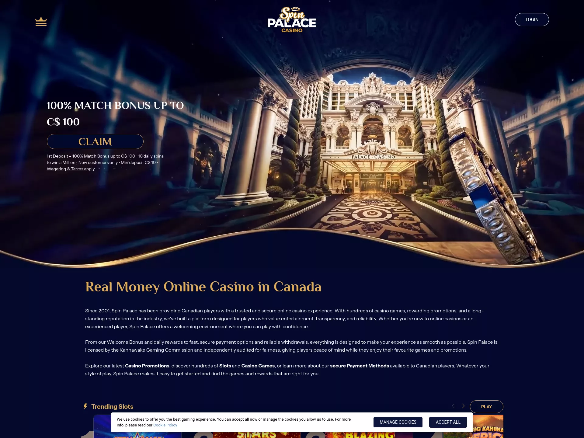 Desktop screen. Spin Palace 100% up to C$100