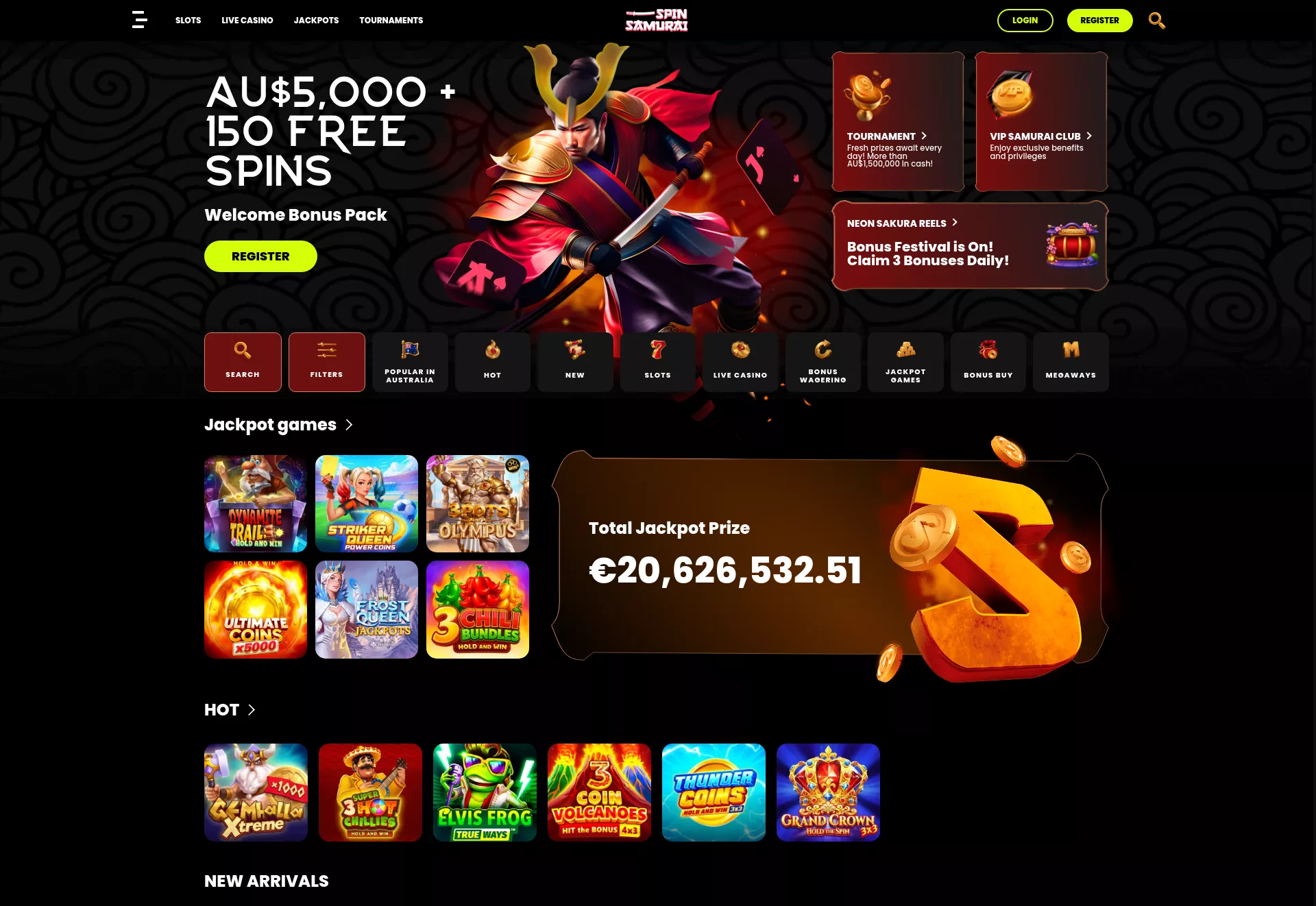 Desktop screen. Spin Samurai Up to A$5000 + 150 FS