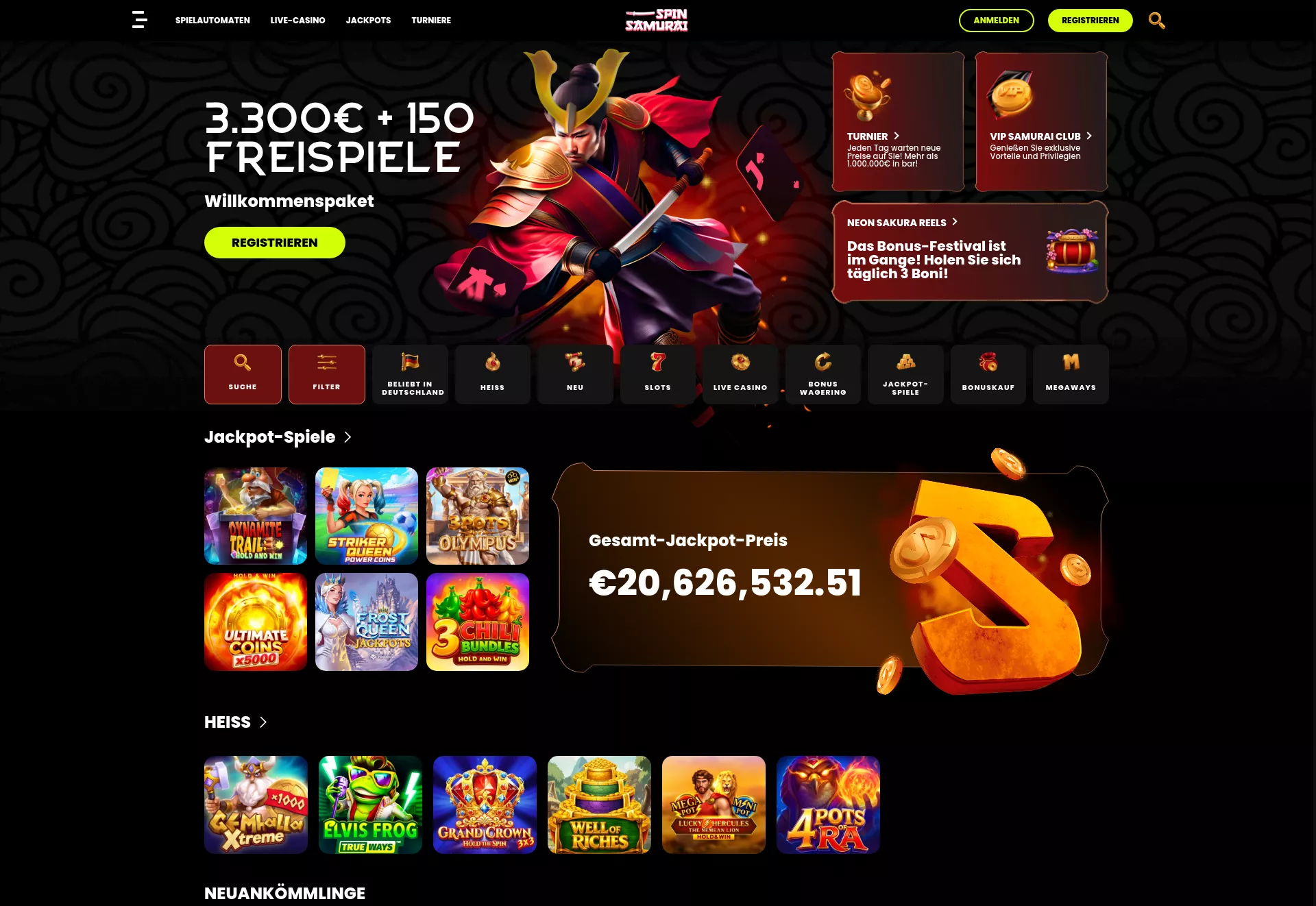 Desktop screen. Spin Samurai Up to NZ$5000 + 150 FS