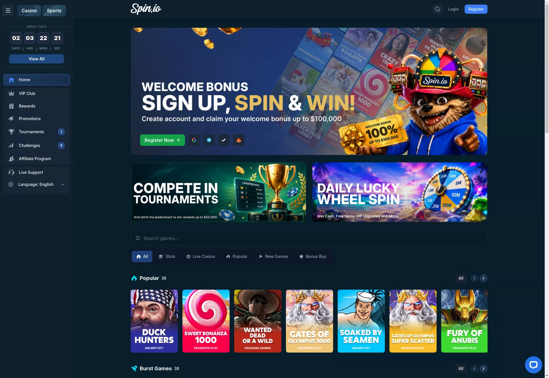 Desktop screen. Spin.io 100% até $100,000