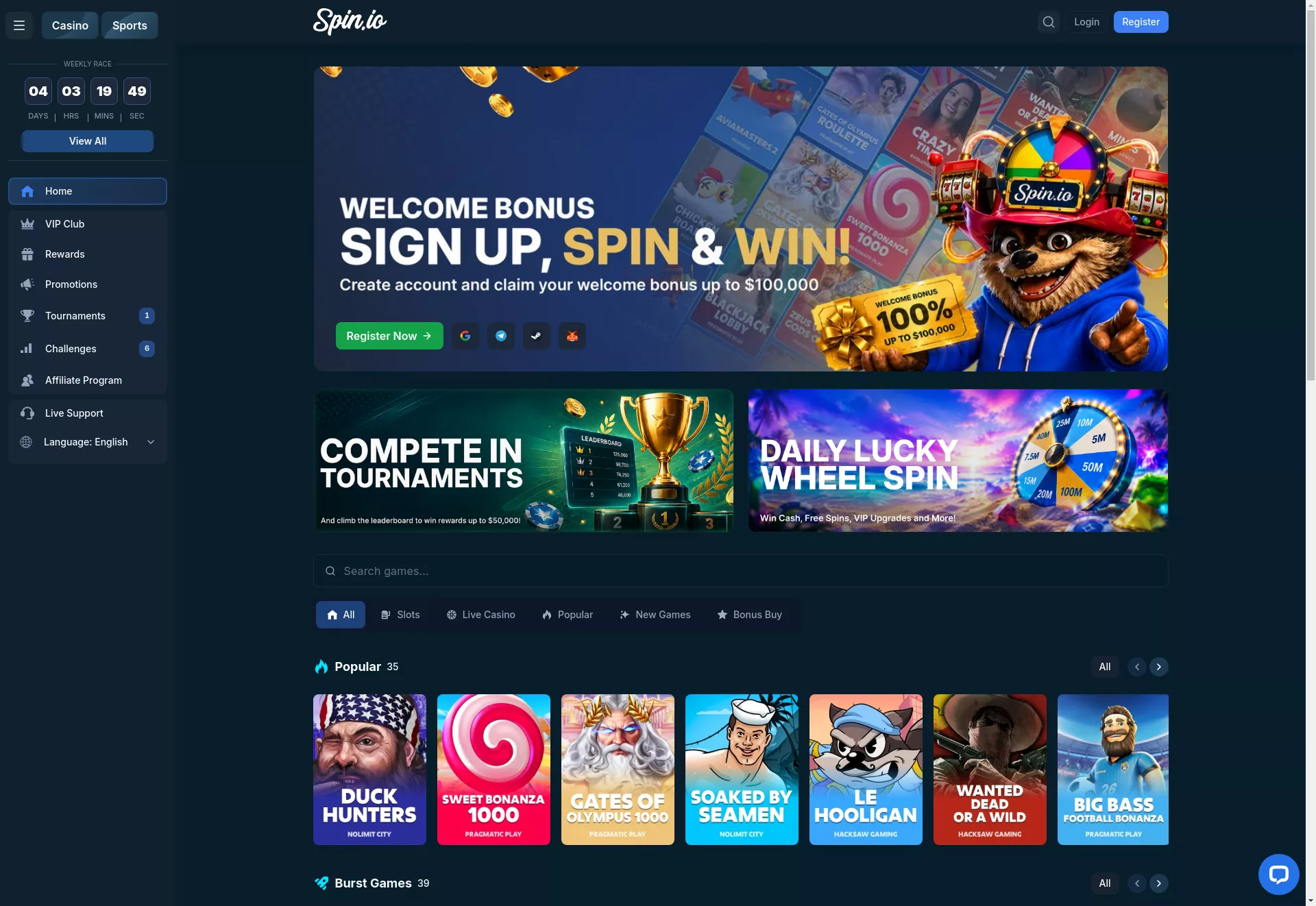 Desktop screen. Spin.io 100% up to $100,000