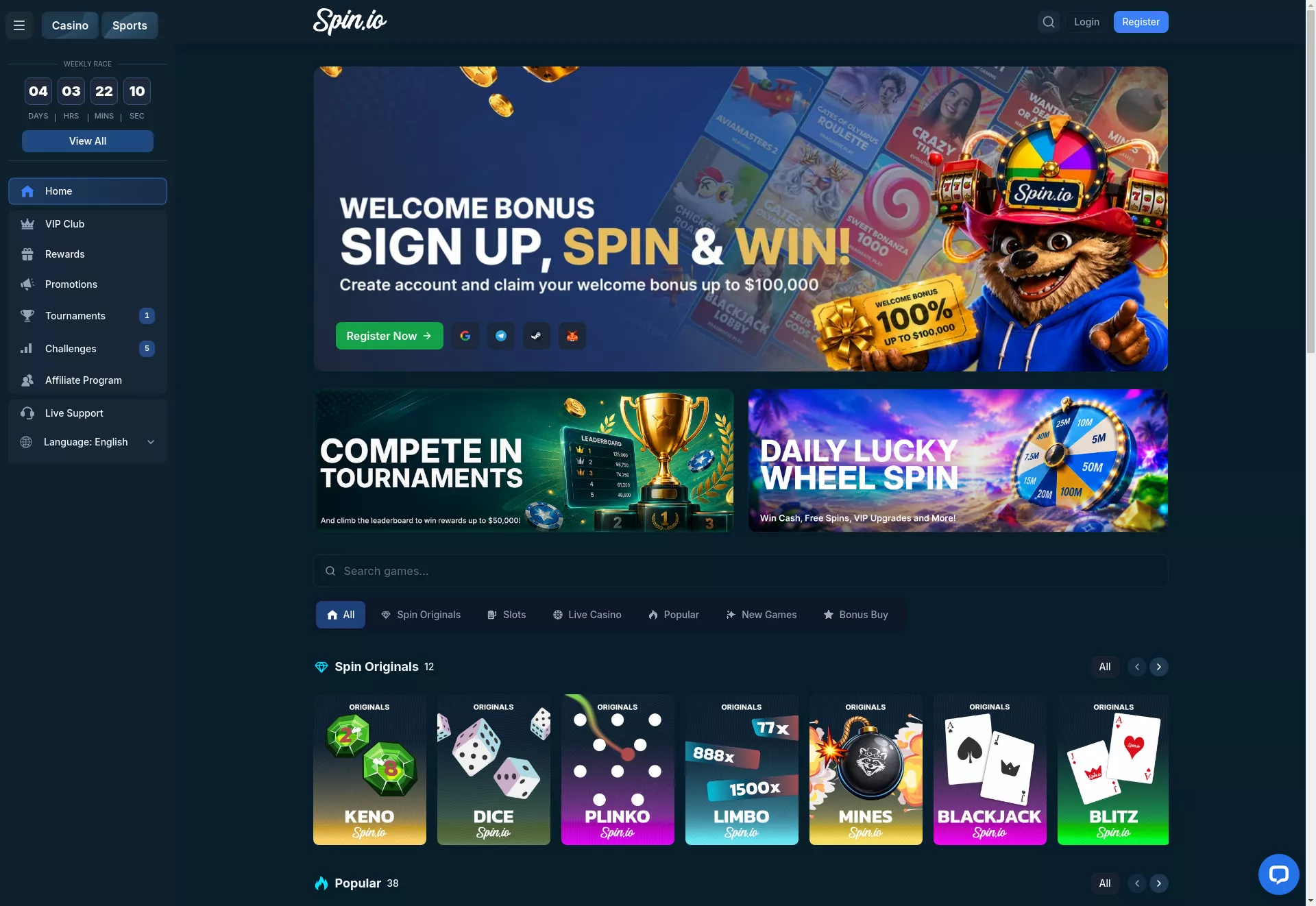 Desktop screen. Spin.io 100% bis zu €100,000