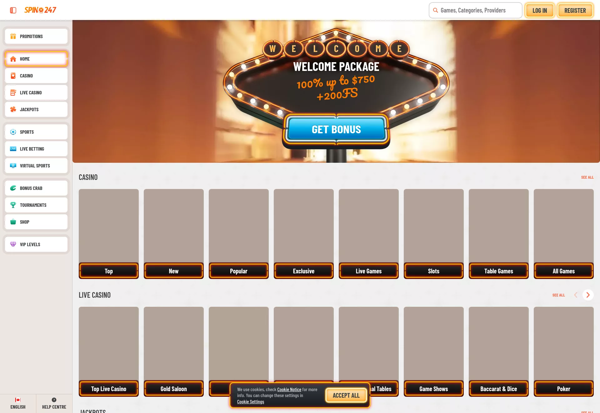 Desktop screen. Spin247 100% up to C$750 + 200 FS