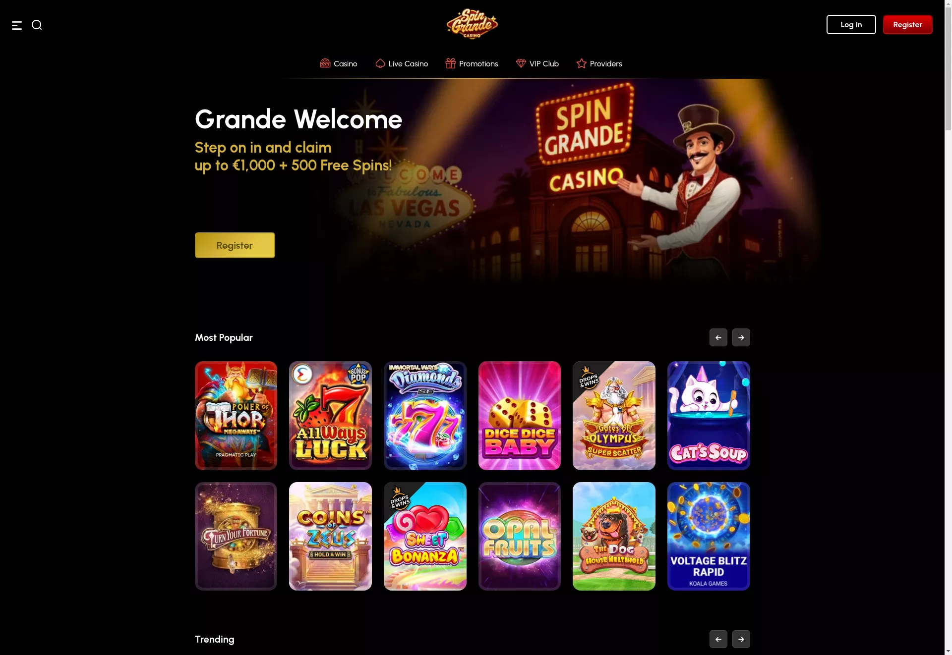 Desktop screen. SpinGrande 20% cashback up to $2000