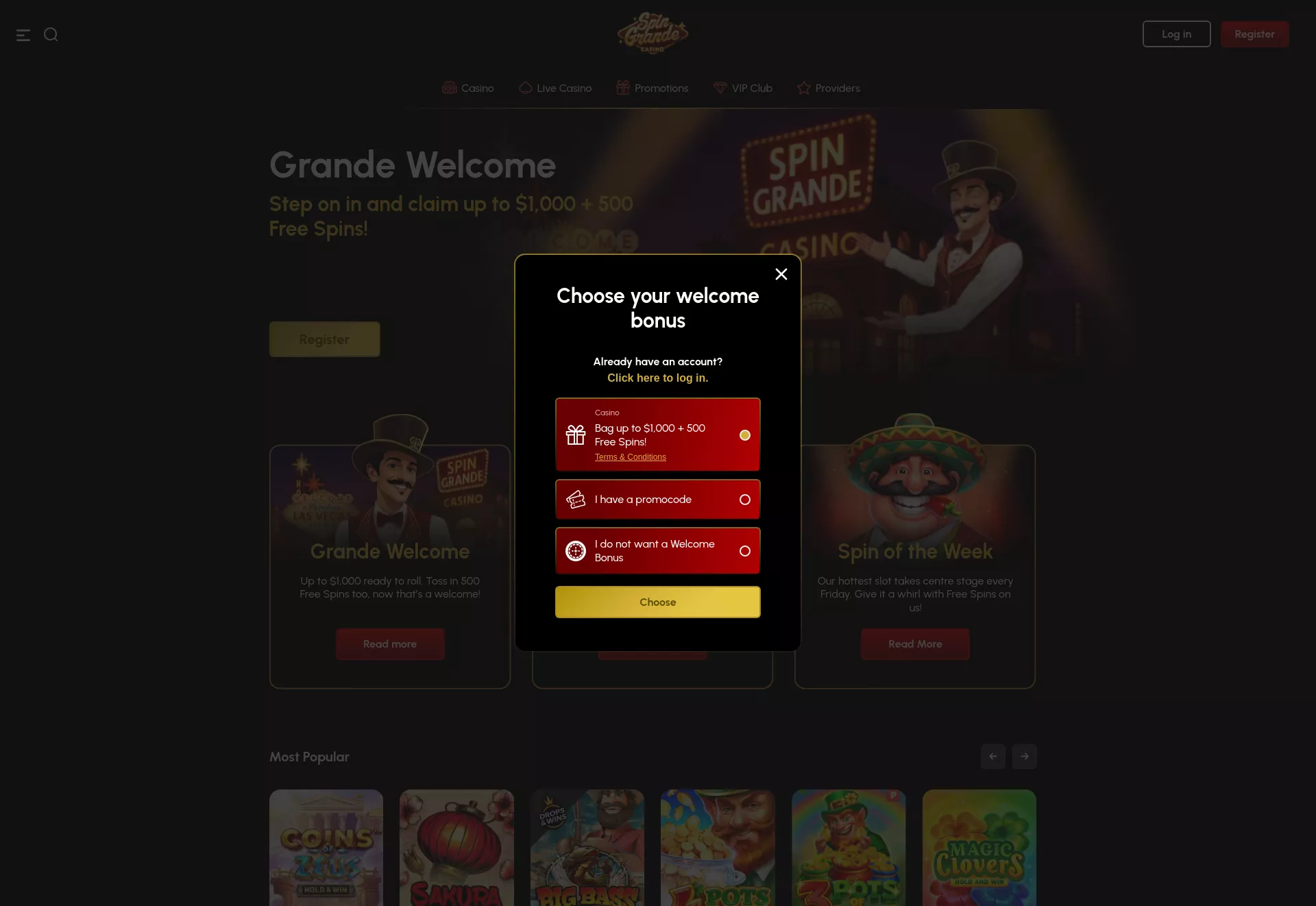 Desktop screen. SpinGrande Up to C$1000 + 500 FS