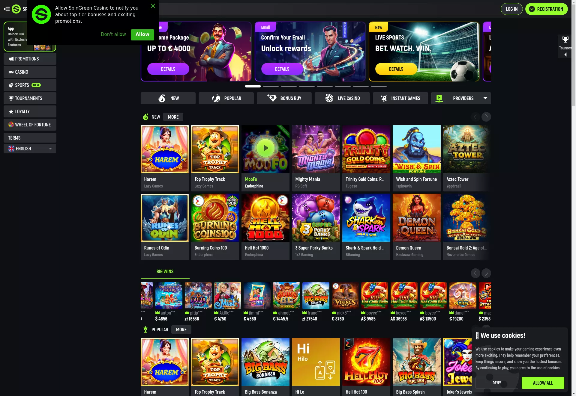 Desktop screen. SpinGreen Casino Up to $800 + 50 FS