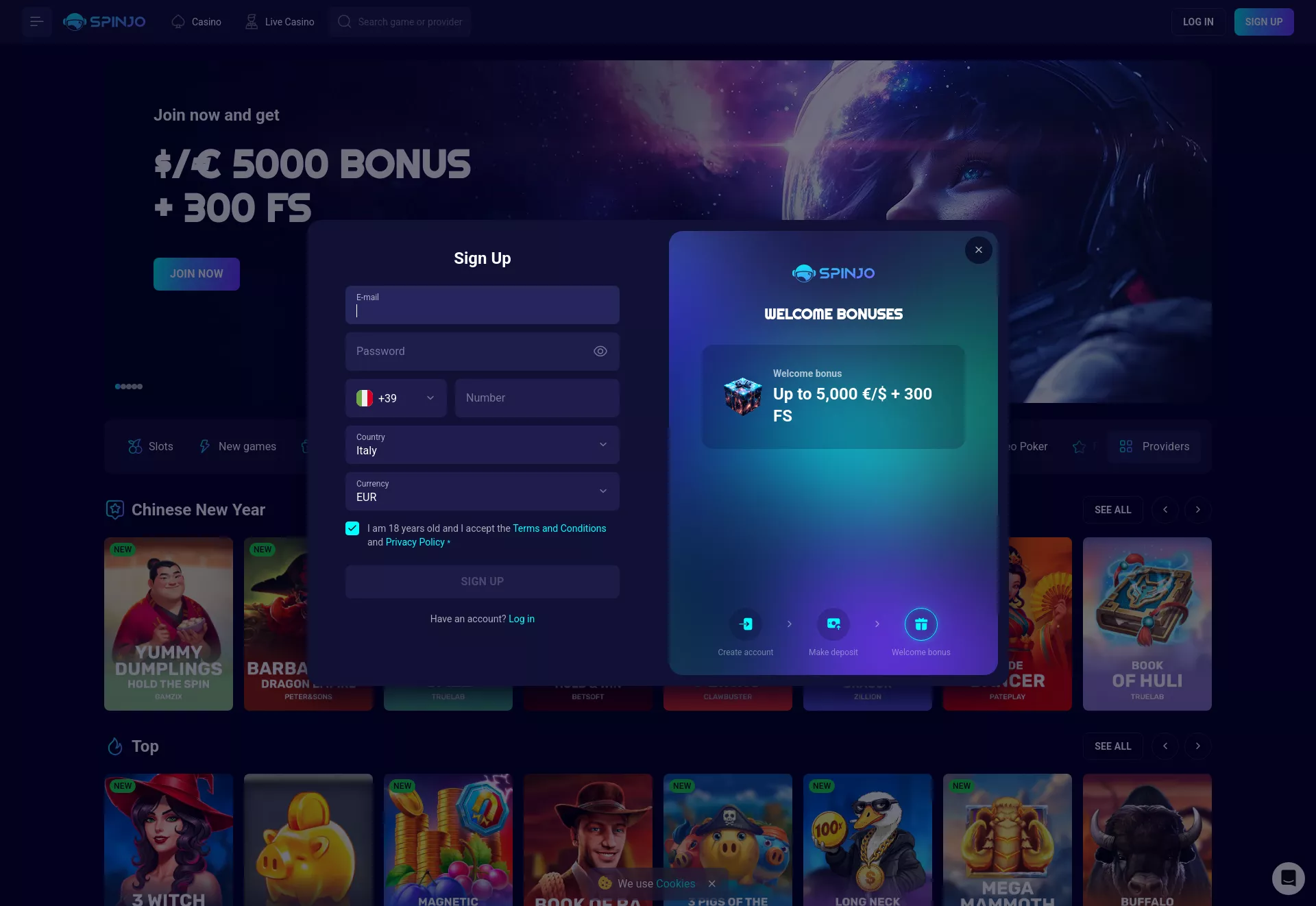 Desktop screen. SpinJo Casino Fino a €5000 + 300 FS