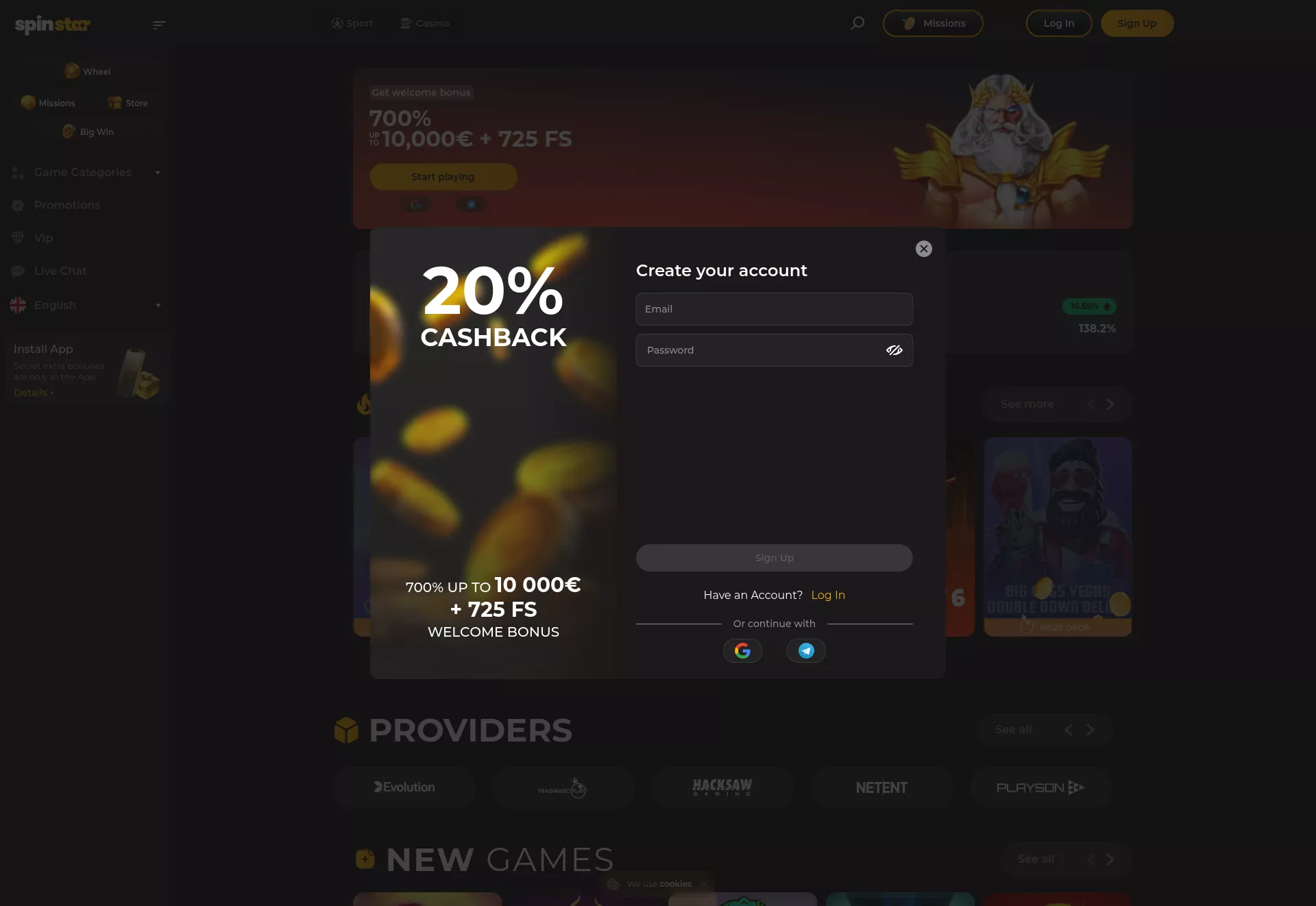 Desktop screen. SpinStar Up to $10000 + 225 FS