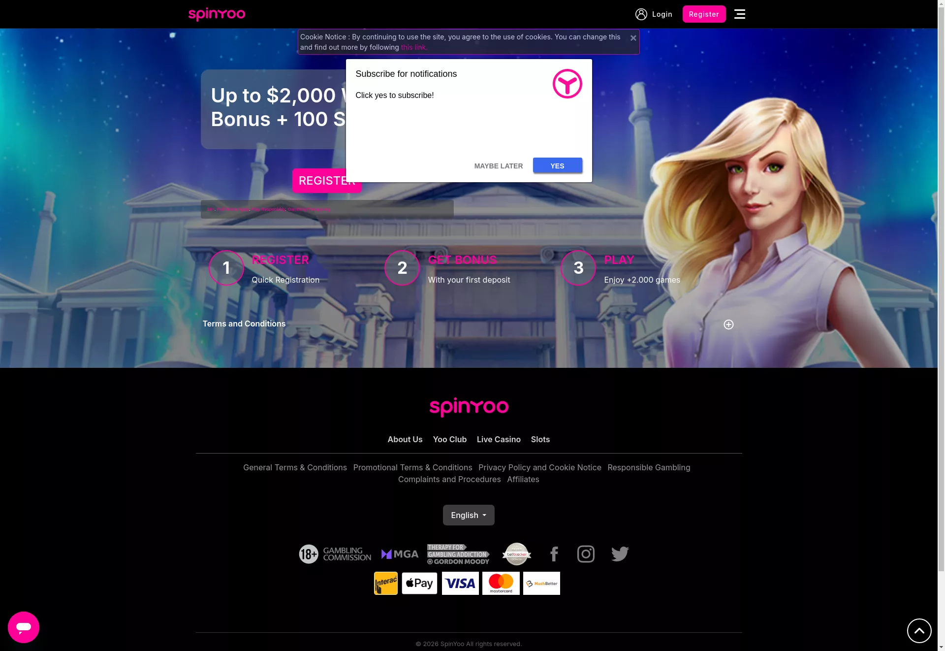Desktop screen. SpinYoo Up to $2000 + 100 FS