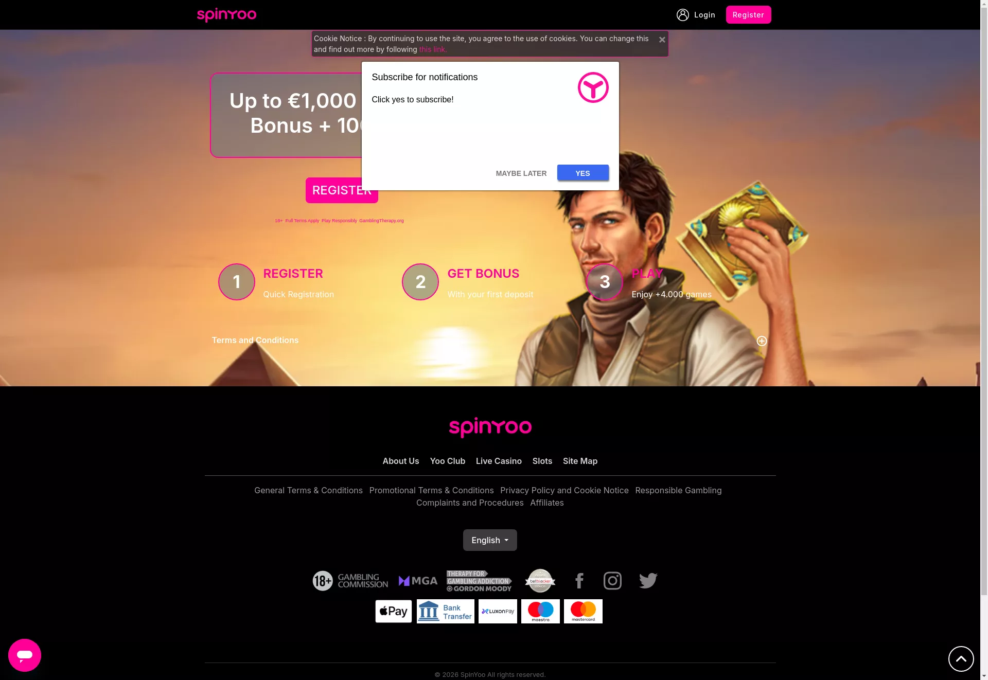 Desktop screen. SpinYoo 50% up to €100