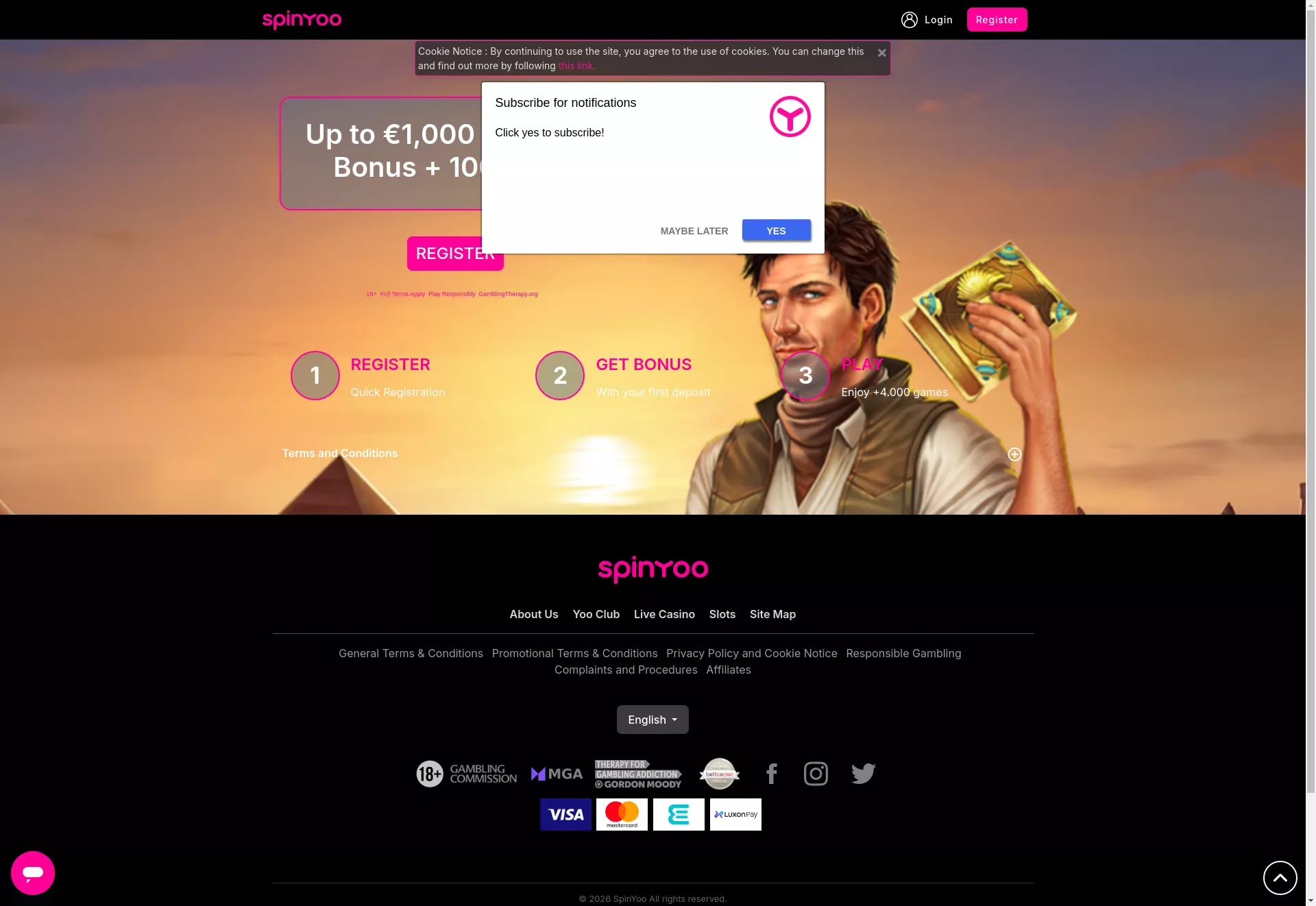 Desktop screen. SpinYoo Up to €1000 + 100 FS