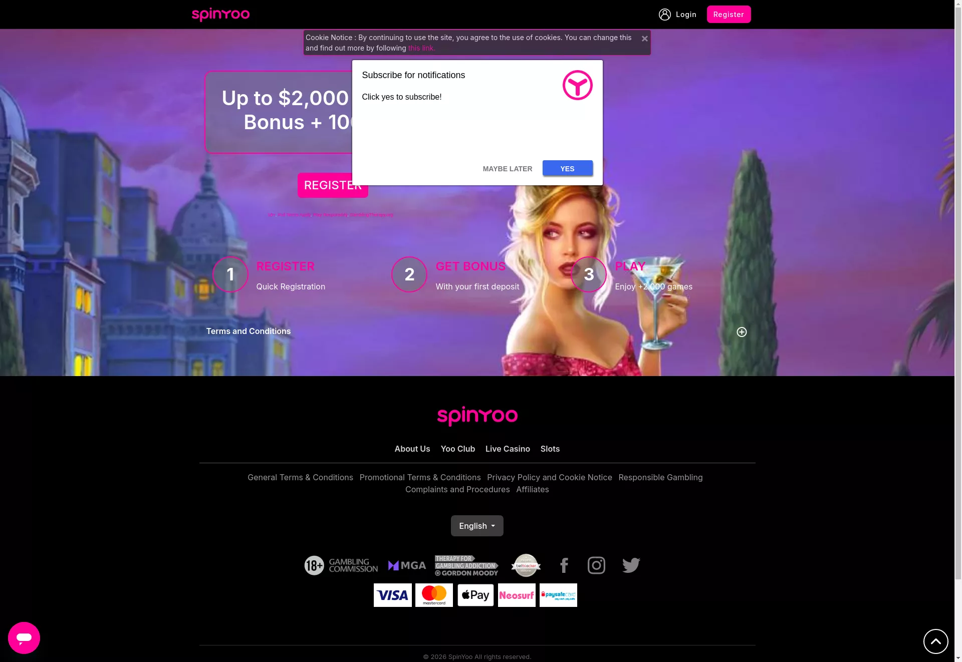 Desktop screen. SpinYoo Up to $2000 + 100 FS