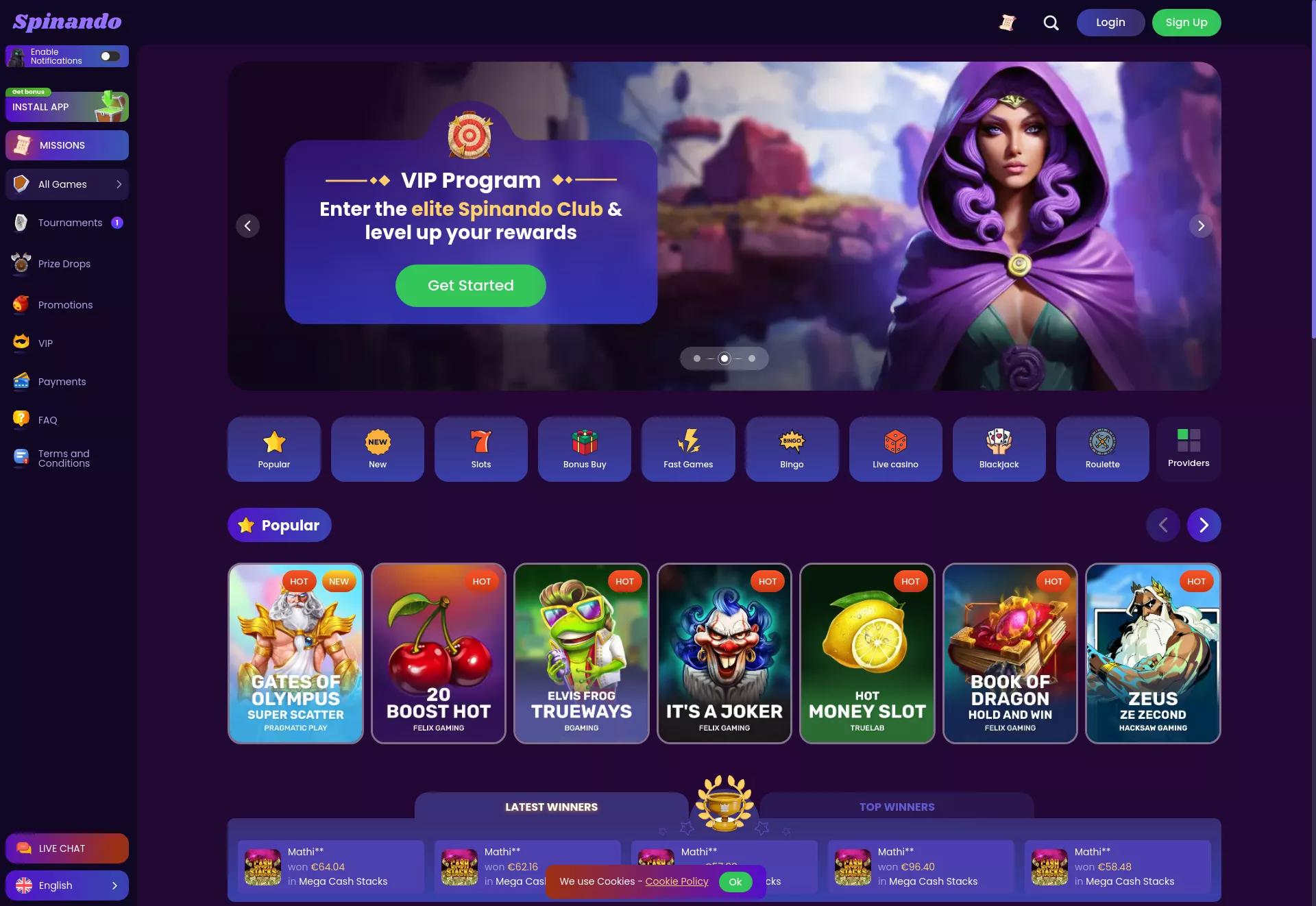 Desktop screen. Spinando Up to $1750 + 150 FS