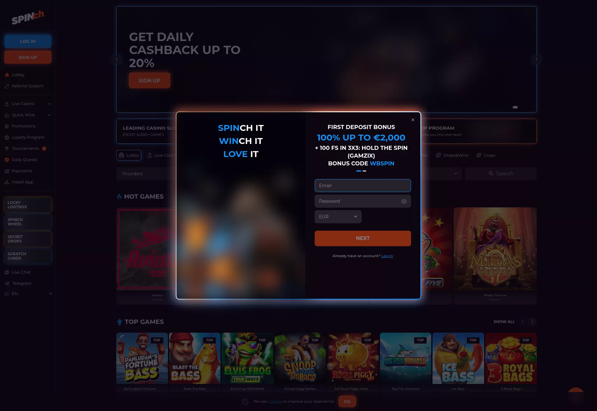 Desktop screen. Spinch Casino Up to $6000 + 250 FS