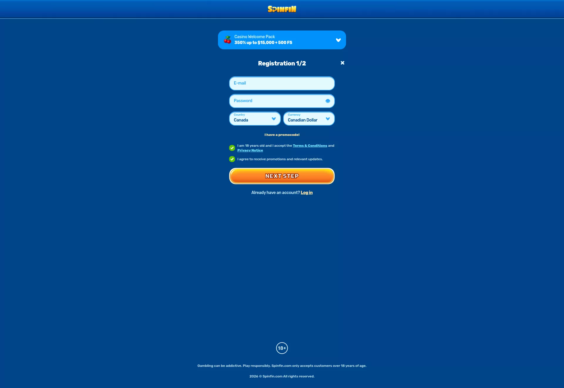 Desktop screen. Spinfin 100% up to $600 + 200 FS