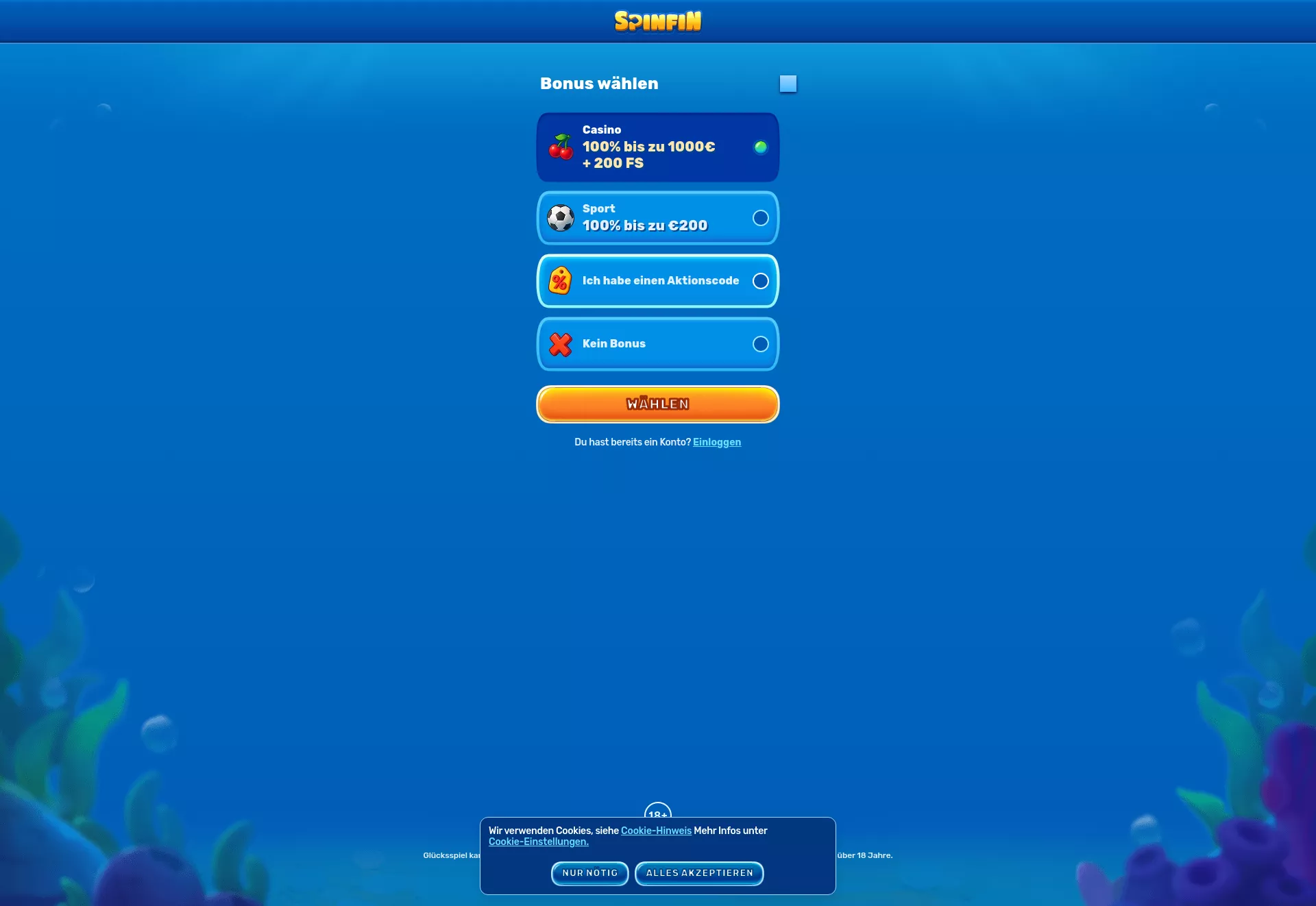 Desktop screen. Spinfin 100% up to $600 + 200 FS