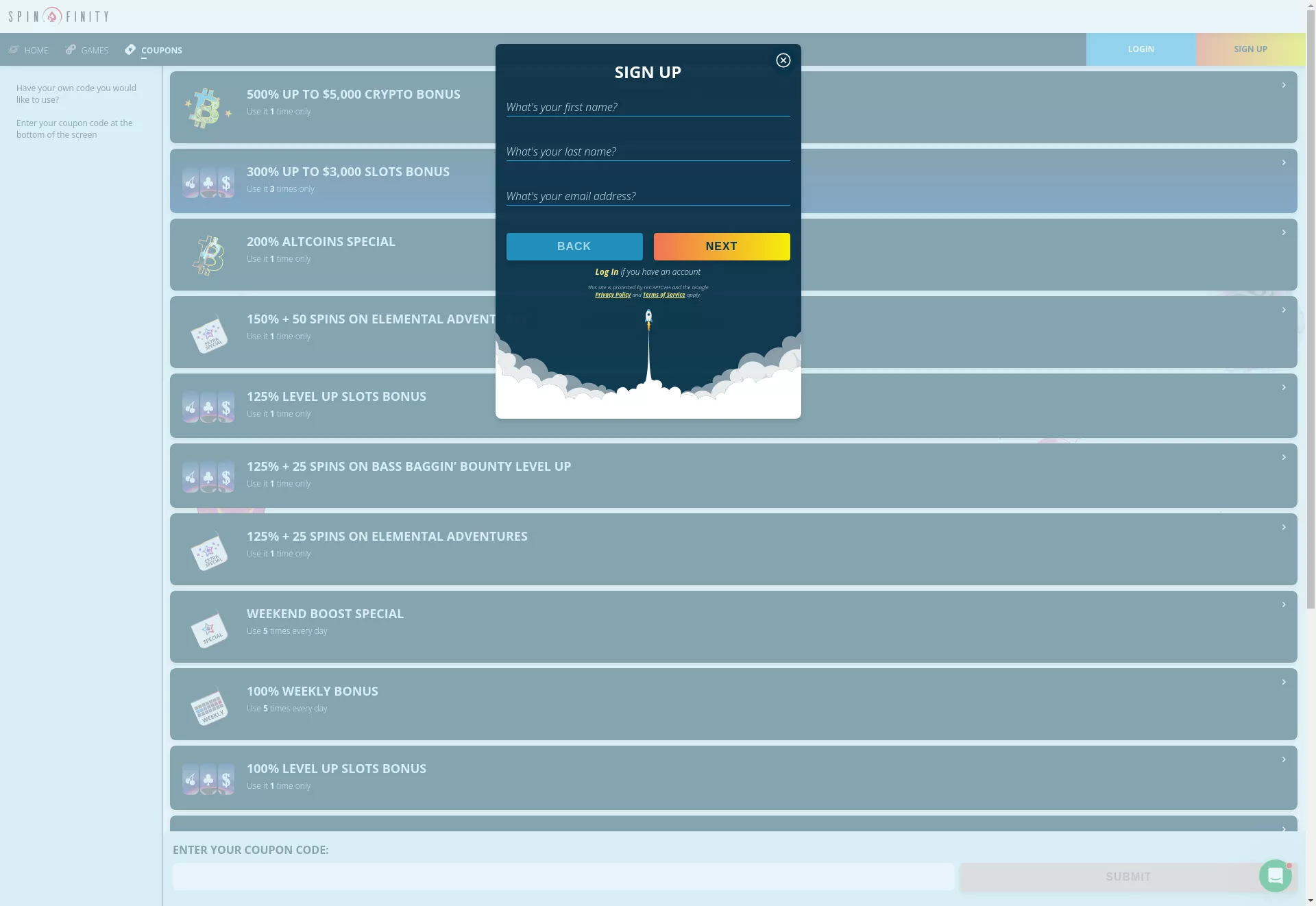 Desktop screen. Spinfinity Up to $9000