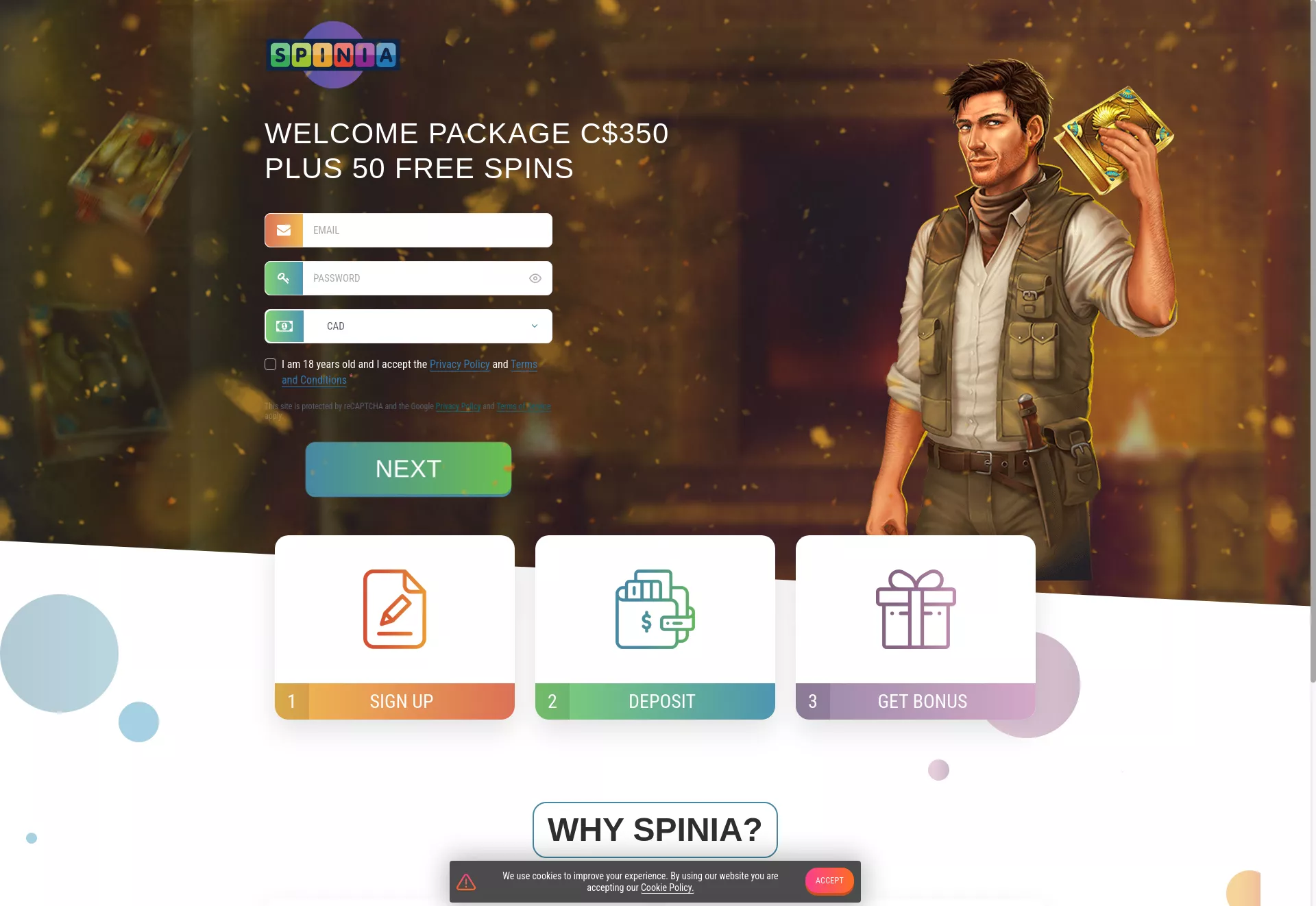 Desktop screen. Spinia Get 15 Free Spins